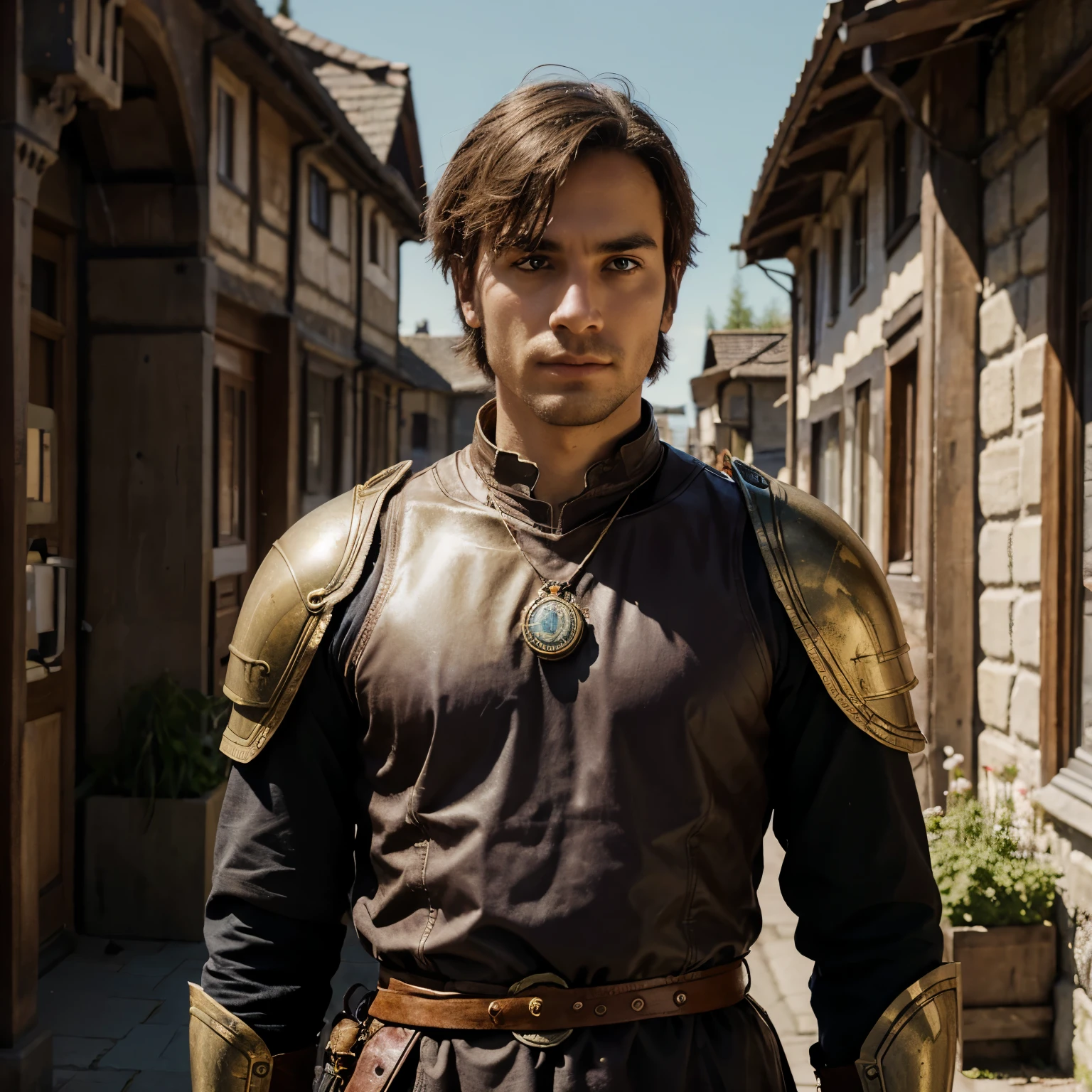 Erstelle mir ein Fantasy Cover in mindestens 300 ppi auf darin geht es um Zeitreisen, parallelwelten und Zeitverschiebung. The protagonist is a soldier in his mid-20s wearing armor and an amulet around his neck in gold with a guiding jewel in the middle