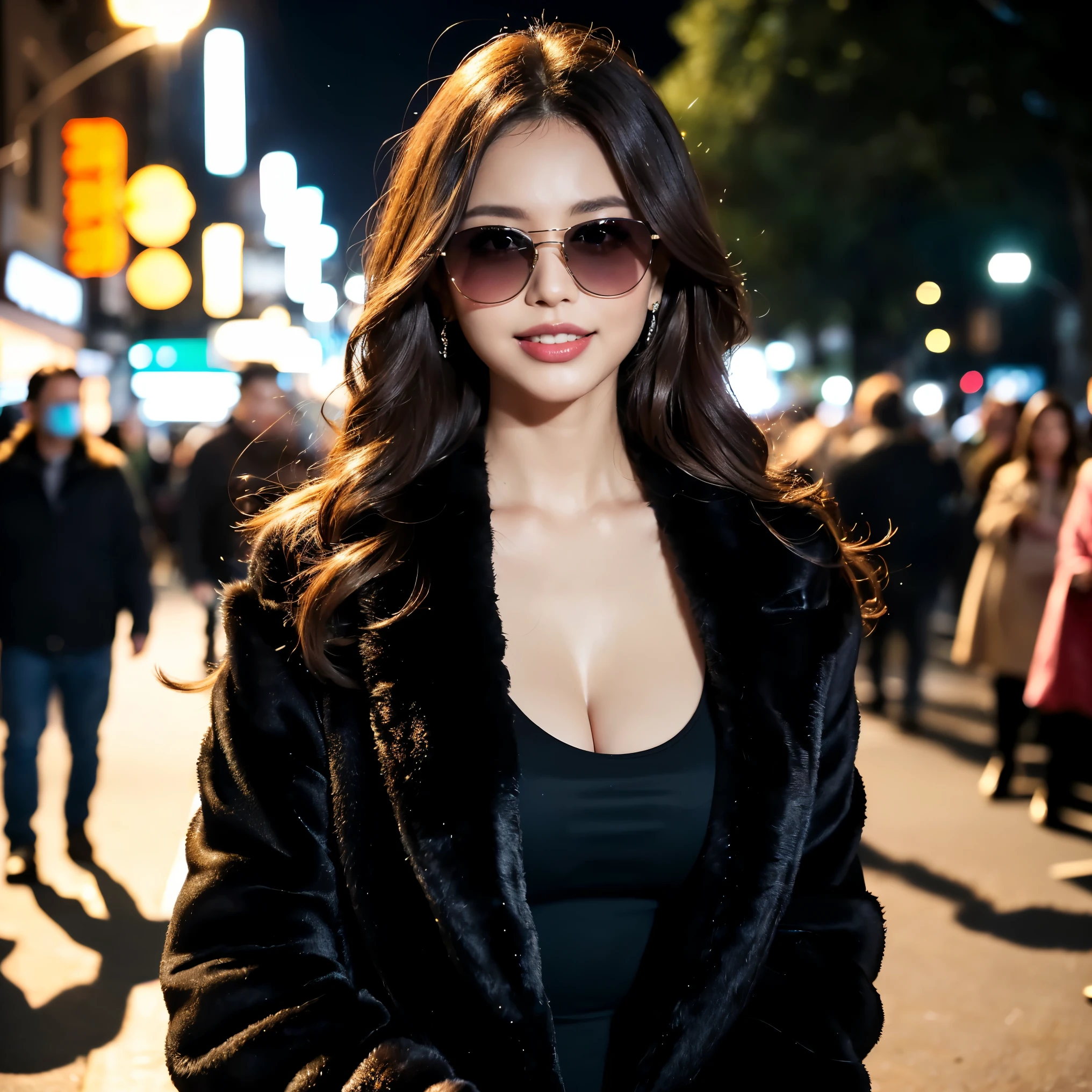 ((top-quality、masutepiece、8K、Top image quality、Hyper-Realism、SFW、1 photo))、1 female、(large full breasts、Mafia Female Boss、)、cool smile looking at me、View me、Photo from the waist up、perfect anatomia、(The most luxurious and dignified giant fur coat:1.3)、(very fine real fur:1.5)、(lots of fluffy fur:1.3)、(The most luxurious black giant fur coat:1.3)、(black shining sunglasses:1.2)、Gorgeous accessories、Long Wave Hair、(Neon city at midnight:1.4)