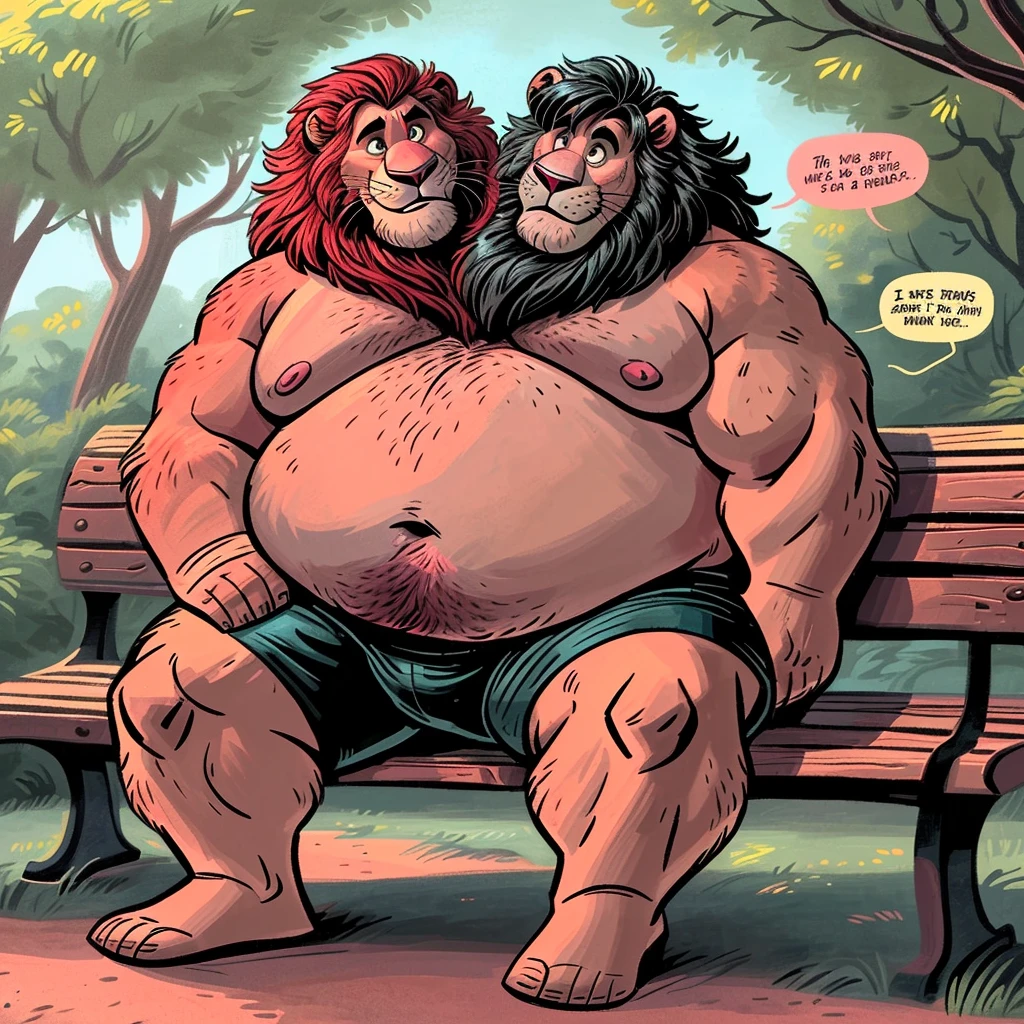 solo, (lion), two heads one body, two headed identical conjoined twin brothers, (adult male, 50 year old male, (detailed eyes:1.2, cartoon eyes), (by dramamine, by disney), (burly, manly, beefy, obese, red hair, black hair)), park background, (shirtless, black athletic shorts), correct hands, (cartoon eyes, small dark pupils, correct eyes, six eyes), (ultradetailed, best quality, detailed masterpiece, highly detailed masterpiece, 4k, professional cartoon), ((natural pose:1.3, sitting on bench:1.3, eye contact:1.3)), (((dadbod))), ears, ((talking:1.3, speech bubbles:1.3))
