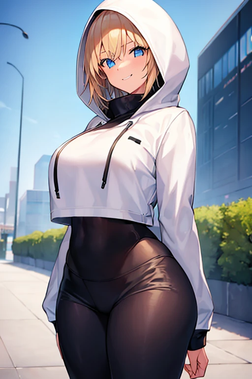 1girl, hood, jacket, hooded jacket, hood on, hood up, blonde hair, large breasts, white jacket, black shirt, shirt, very short hair, pants, black pants, smile, urban, tall, tall female, tomboy, cropped jacket, ((cropped jacket)), hourglass figure, mature female