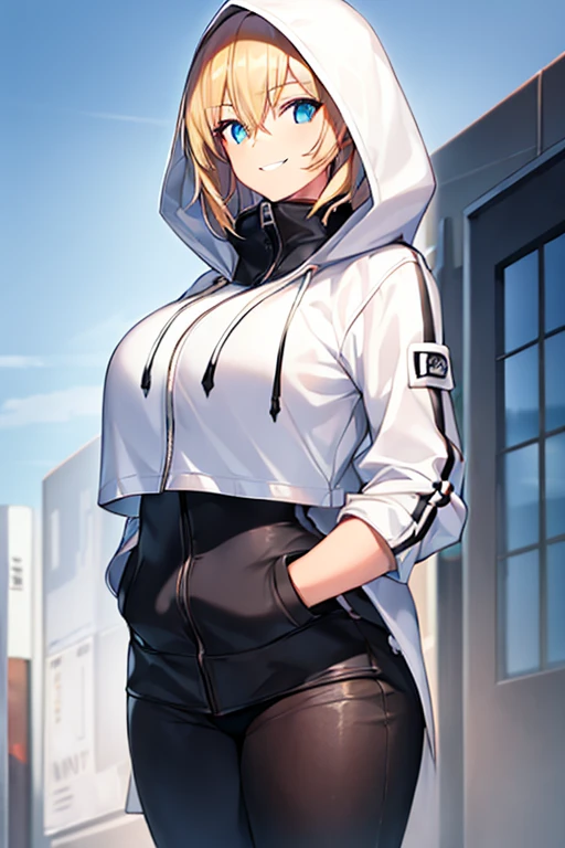 1girl, hood, jacket, hooded jacket, hood on, hood up, blonde hair, large breasts, white jacket, black shirt, shirt, very short hair, pants, black pants, smile, urban, tall, tall female, tomboy, cropped jacket, ((cropped jacket)), hourglass figure, mature female