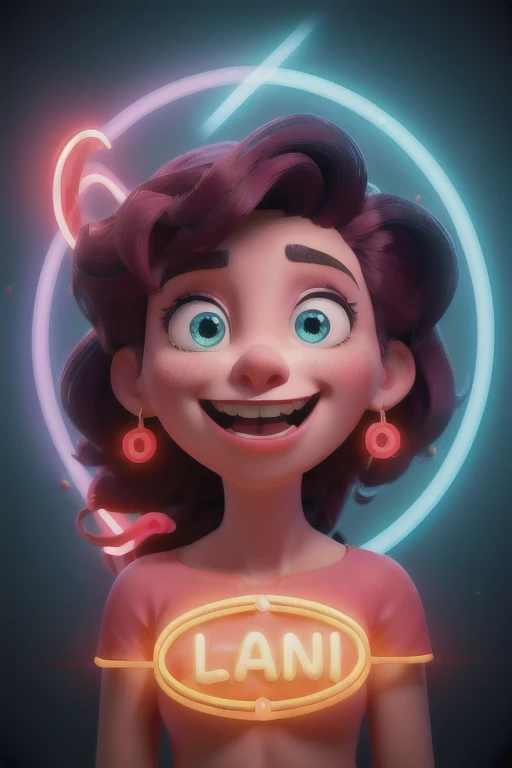 The image shows a graphic design with a style that resembles a neon sign. No centro, there is a stylized face with large white and black eyes, sobrancelhas arqueadas, and an open mouth with the tongue hanging out, suggesting an expression of happiness or excitement. Ao redor do rosto, there is a neon circle that transitions from pink to blue. Within this circle, as palavras "Happy" e "store" are written in a font that resembles casual handwriting, com "Happy" na parte superior e "store" na parte inferior. Entre as palavras, there is an icon of a mouth with red lipstick.
Dois raios de neon, one on the left and one on the right of the circle, complementam o design. The lightning bolt on the left is pink and the one on the right is blue, ambos com contornos brancos. The background of the image is dark with a blocky pattern that gives a sense of depth. Lighting and glow effects give the image an energetic, modern vibe.