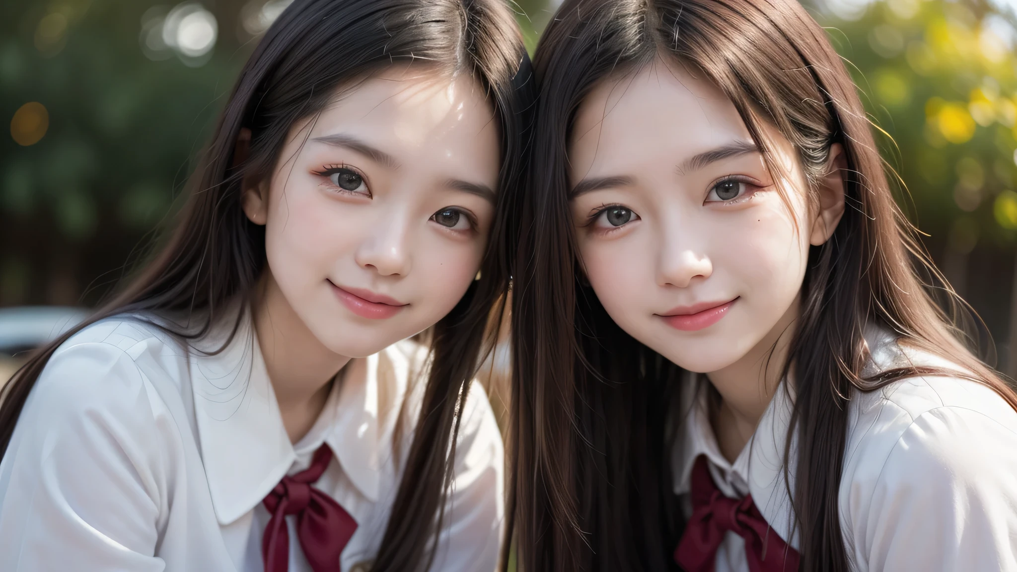 (2Japanese girls), (young face:1.2), (cute smile), fair skin, (Best Quality:1.4), (Ultra-detailed), (extremely detailed beautiful face), Amazing face and eyes, brown eyes, (highly detailed Beautiful face), (high school uniform:1.2), (extremely detailed CG unified 8k wallpaper), Highly detailed, High-definition raw color photos, Professional Photography, Realistic portrait, Extremely high resolution, cute smiling, green park, sitting, flowers,