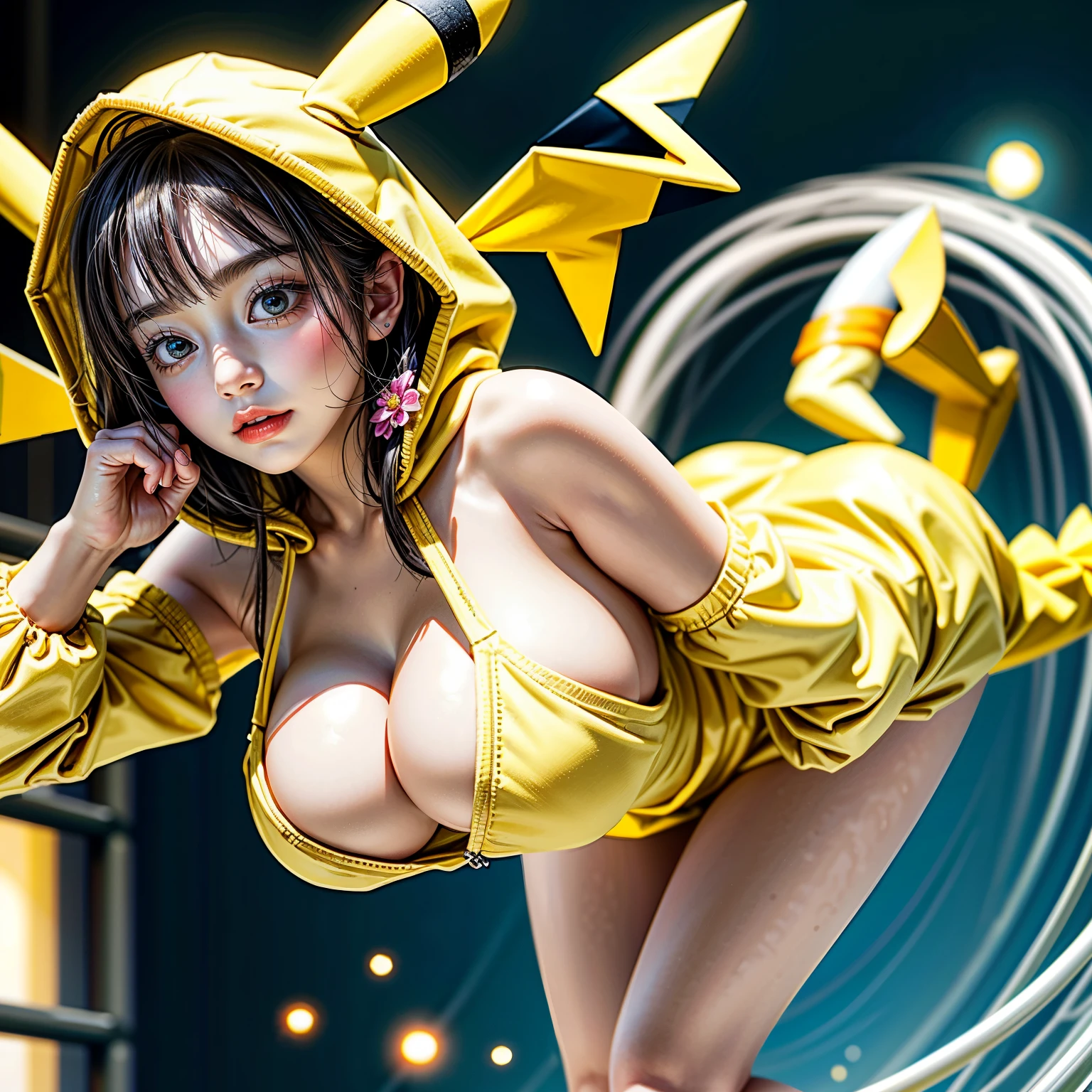 ((NSFW))、14, Oppai- girls doing cosplay、Pikachu, (moe sleeve, yellow Pikachu suits with full opened front zipper、(Pikachu hood))、floating hair、((masterpiece:1.25, realistic:1.37))、8K Top Quality、((DETAILED KAWAII FACE))、Bright, shining, perfect eyes、{(childish:1.2)| huge cleavage:1.37)}、(Ivory skin that shines in detail)、very detailed、{((Yellow Pikachu hood))}、soft shading、Soft lighting with many follow lights、clear focus、bokeh、crowded city background、vivid colors, {(shout)| trick or treat|mischievous smile}, flood、Biomechanical huge and heavy breasts, {focus on butt| ((Grab your chest))| The Hidden Hand| thumb up| face focus},((( no extra hands, correct fingers