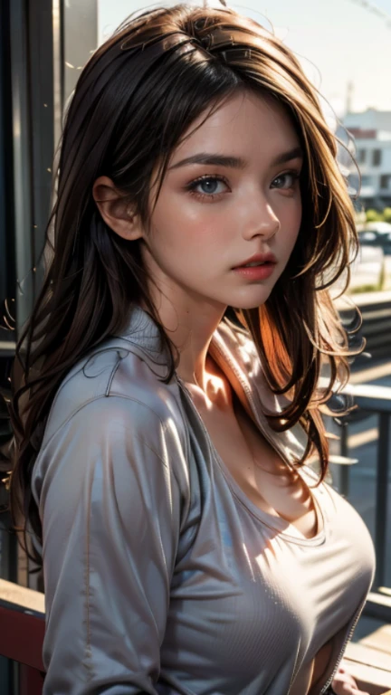 (((HD photo))), ultra high res.photorealistic:. 1.4, UHD, masterpiece, trending on artstation, portrait, upper body shot, 1girl, pretty, cute face, detailed face, most beautiful in the world, soft, delicate, (long red hair), large sagging breasts (wearing racing jacket), sunkissed, San Francisco bay, SFW:2