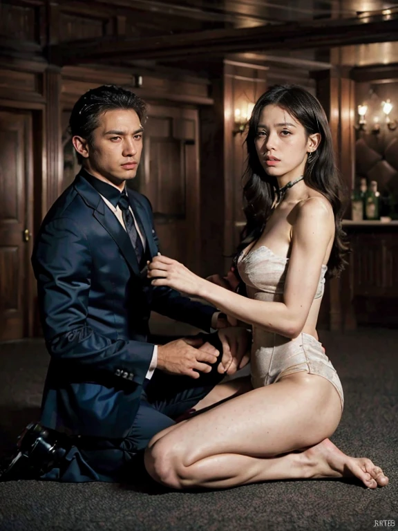 ban nsfw,original photo,depth of field,dramatic,(Real movie stills:1.3),(best quality, high resolution:1.2), Super detailed details, (actual、lifelike、Realism:1.3), Inspired by the 007 movie,full body portrait,A beautiful and handsome couple,((Woman kneeling at the man's feet)), The woman's hair is very messy,sophisticated evening gown,The atmosphere of the battle, Threatening atmosphere, close up, Perfect body,性感的long legs,long legs,Highly detailed facial details, real background,Stills from the real 007 movie,Movie plot,The man stands next to the woman,Man grabbing woman's head,(sharp focus:1.2), Very detailed, (lifelike:1.4), (The original image, 8K high resolution:1.2), RAW candid movies, 16 mm, Color graded Portra 400 film, Surreal, subsurface scattering, Ray tracing, (Volumetric lighting),((Behind the woman stood two men in suits)),No NSFW screen appears