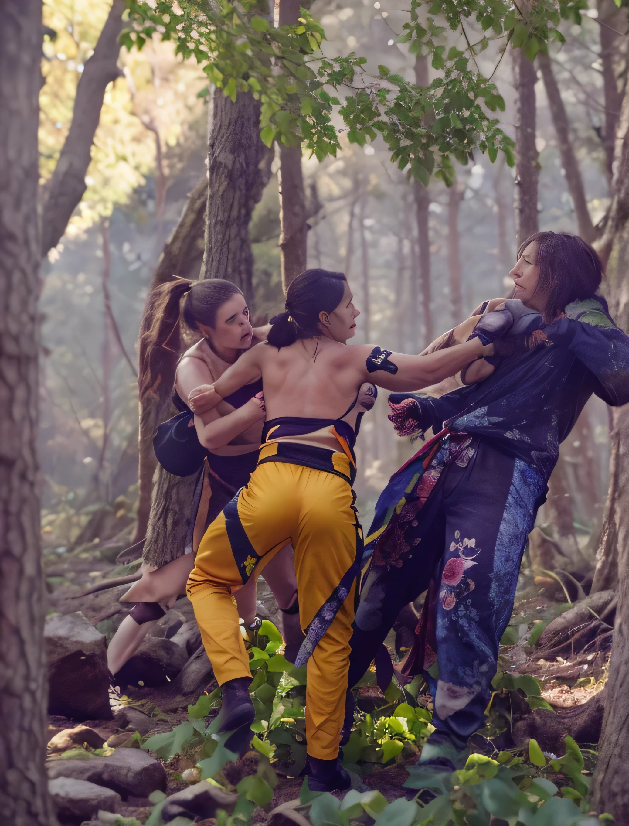 Fight between two enemies in a forest, trees, rocks, branches, leaves and flowers.