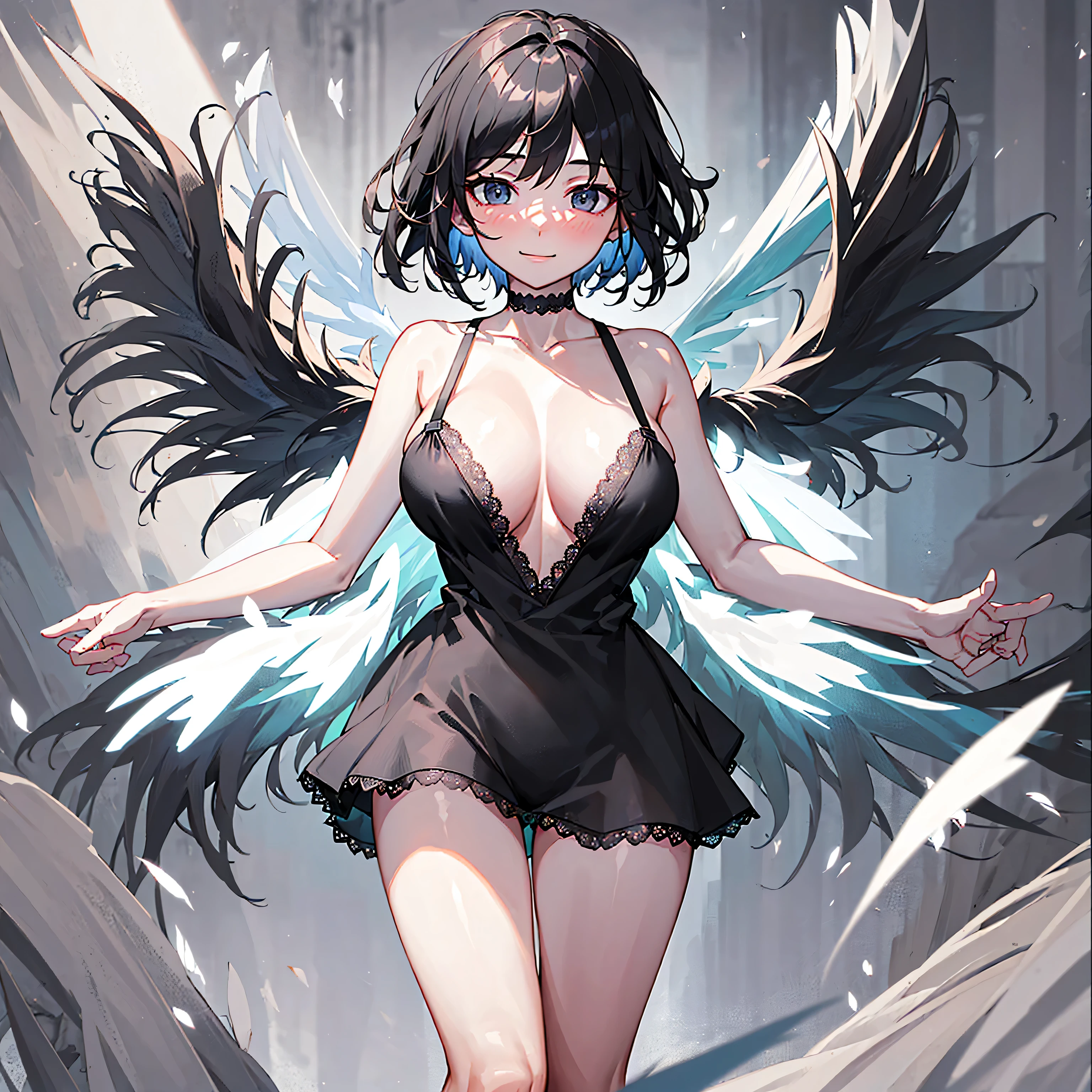 (1 seraphim girl standing on peak of frozen snowy mountain) higher than overcast, blowing frozen wind, (solo), swinging back, multiple wings, (she has 12 wings on her back), (6 white wings:1.5) and (6 black wings:1.5), BREAK, (wearing nothing without a lace trimmed sheer short black chemise:1.8), (black plunging neckline:1.2), shoulder straps, too short black skirt flapping by wind, stiletto heels, BREAK, (black short hair:1.3), sidelocks, black eyes, collarbone, (bouncing large perky breasts:1.2), (cleavage), inconceivably narrow waist, (bared skinny arms), (bared skinny long legs), thigh gap, tiptoe, BREAK, , nose blush, smile for viewer, open mouth, orgasm, BREAK, full body, (extremely detailed CG unity 8k wallpaper), (beautiful detailed), (ultra high resolution), (masterpiece:1.2), (best quality), (beautiful illustration)