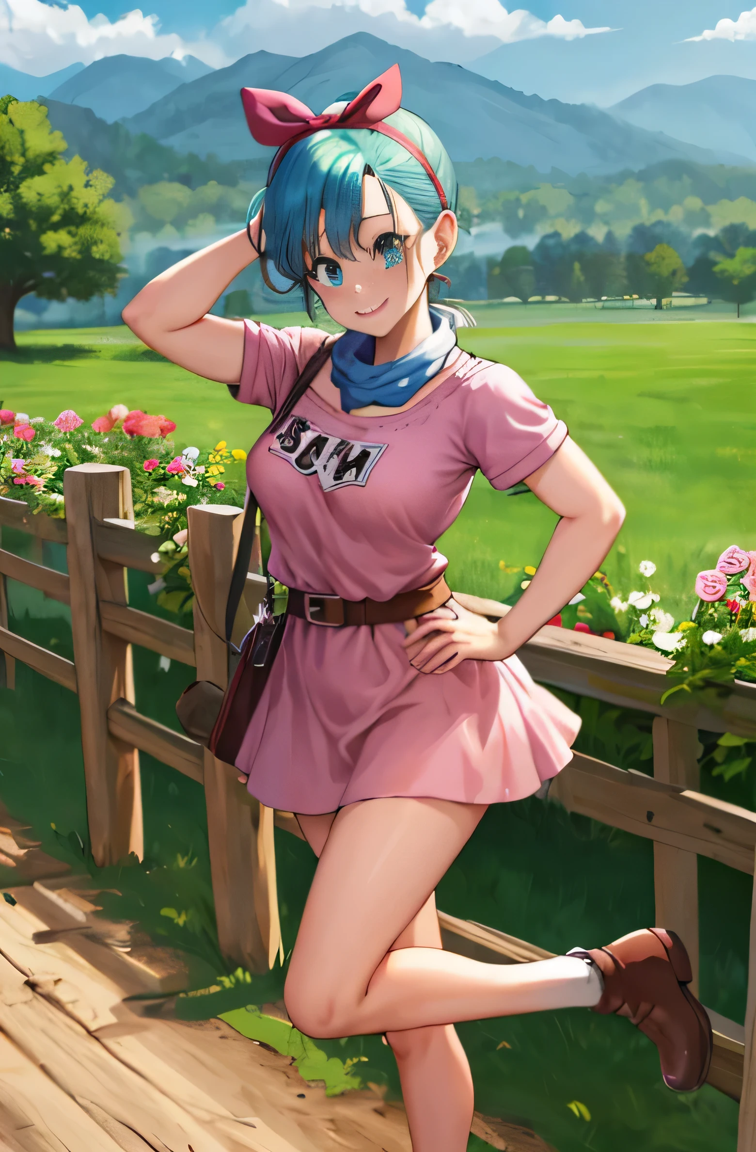 chef-d'artwork, best quality, high resolution, Dragon Ball, blmpony, cheveux aqua, hair ribbon, queue de cheval tressée, chemise rose, ceinture, foulard, Jupe rose, clothing writing, gants marron, seins moyens, en plein air, tir de cow-boy, agitant, sourire, ((Pas de culotte)), ((montrer les jambes)), Jambes sexy, Tout le corps