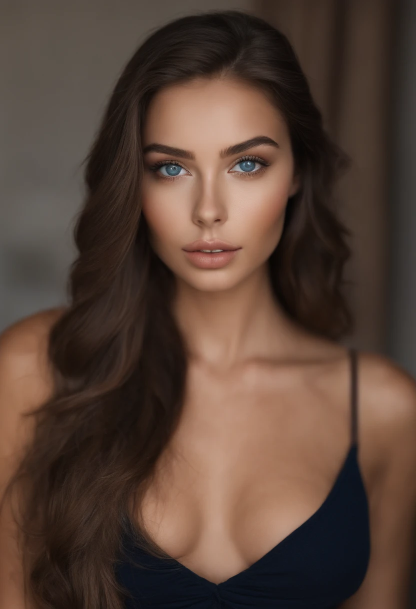 woman completely , italienne fille aux yeux bleu, ultra realistic, meticulously detailed, Portrait de Sophie Mudd 28 ans cheveux bruns et grands yeux, selfie. sans maquillage, maquillage naturel, regarder directement la caméra, Maquillage subtil, Superbe photo de tout le corps dans la chambre, Buste moyen à large clean girl
