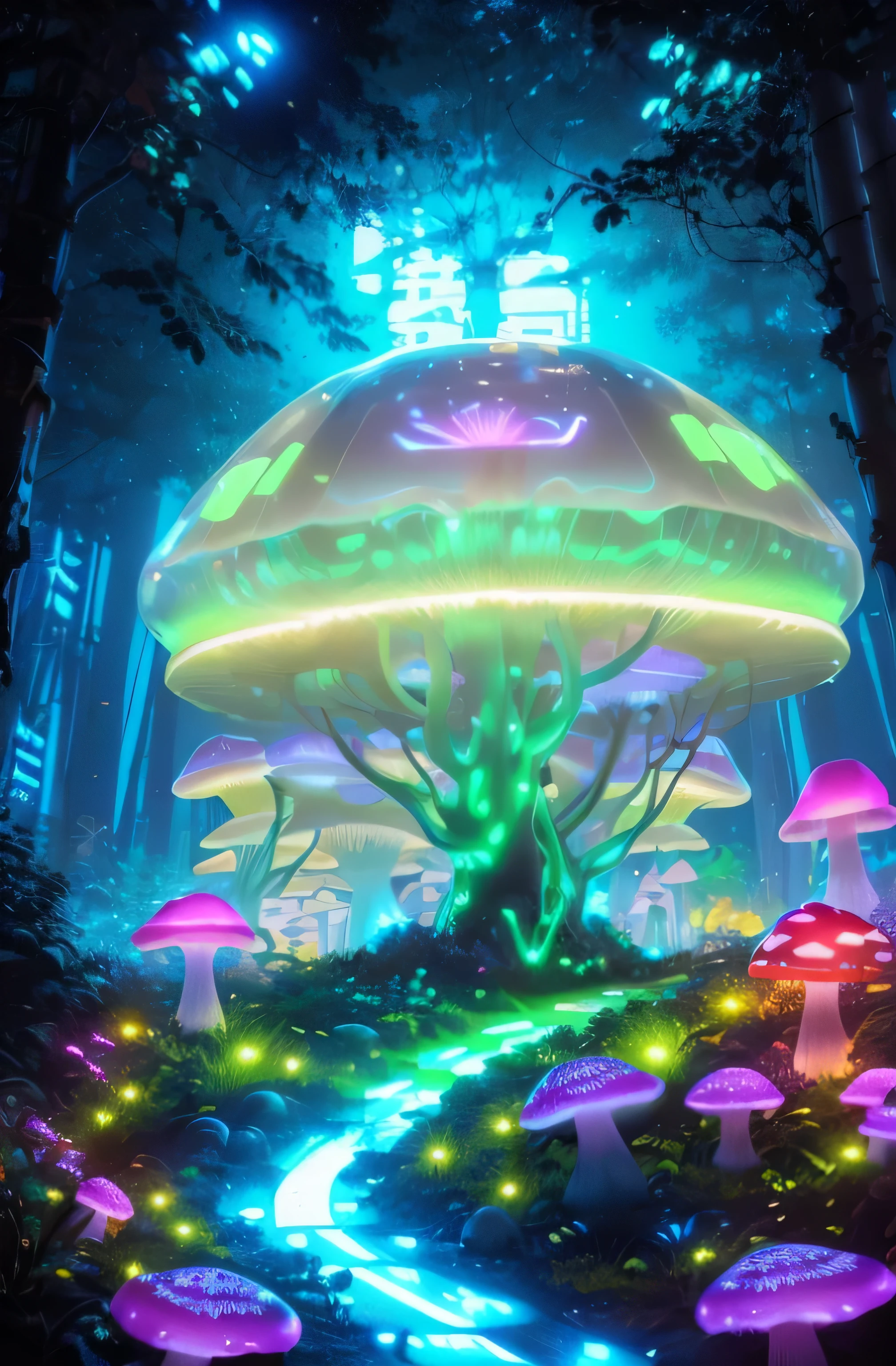 transparent glowing mushrooms, colorful transparent luminous plastic，cyberpunk characters，Industrial Design，cleanliness，bright neon lights，forest background，ultra realistic realism，hyper hd，high details，highest quality，8K
