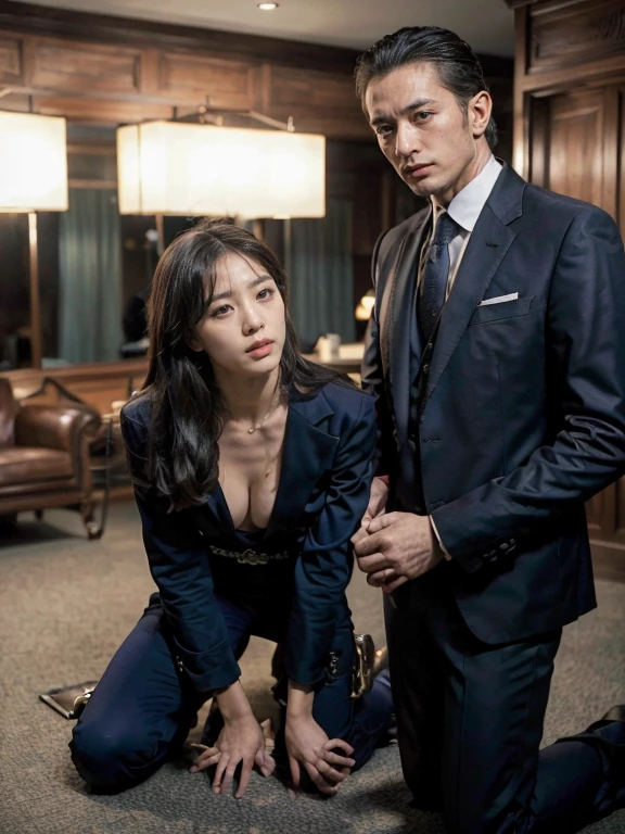 ban nsfw，original photo，depth of field，dramatic，(Real movie stills:1.3)，(best quality, high resolution:1.2), Super detailed details, (actual、lifelike、Realism:1.3), Inspired by the 007 movie，full body portrait，A beautiful and handsome couple，((Woman kneeling at the man&#39;s feet)), The woman&#39;s hair is very messy，sophisticated evening gown，The atmosphere of the battle, Threatening atmosphere, close up, Perfect body，性感的long legs，long legs，Highly detailed facial details,  real background，Stills from the real 007 movie，Movie plot，The man stands next to the woman，Man grabbing woman&#39;s head，(sharp focus:1.2), Very detailed, (lifelike:1.4), (The original image, 8K high resolution:1.2), RAW candid movies, 16 mm, Color graded Portra 400 film, Surreal, subsurface scattering, Ray tracing, (Volumetric lighting)，((Behind the woman stood two men in suits)),No NSFW screen appears