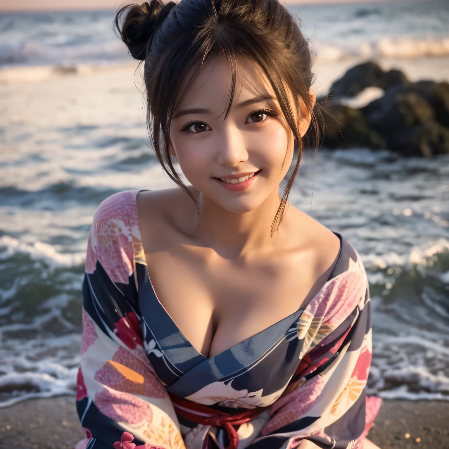 natural oil painting, ((masterpiece)), ((best quality)), photorealistic, Expressive hair, Expressive eyes, precision details, 1girl, solo, Japanese, 30 years old, round big eyes, cute, , seductive smile,looking at viewer ,separate lips, pink colored loose fitted yukata, leaning forward,sunset, sea shore, black single hair bun hair, ,more_details:-1, more_details:0, more_details:0.5, more_details:1, more_details:1.5,,cute,idole,(Realistic skin feel: 1.3), (Realistic shadow: 1.3),nipples, nipples visible from the chest