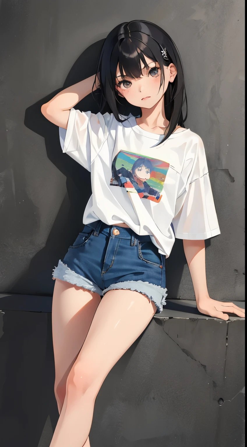 (short cute girl，small young student，young delicate girl）,（masterpiece，Top quality)，denim shorts，short sleeve，long black hair，sleepy