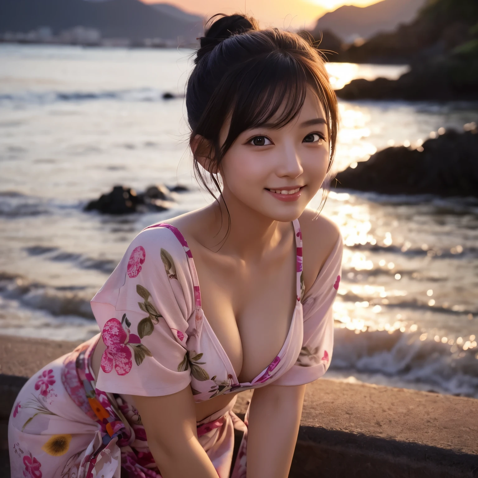 natural oil painting, ((masterpiece)), ((best quality)), photorealistic, Expressive hair, Expressive eyes, precision details, 1girl, solo, Japanese, 30 years old, round big eyes, cute, , seductive smile,looking at viewer ,separate lips, pink colored loose fitted yukata, leaning forward,sunset, sea shore, black single hair bun hair, ,more_details:-1, more_details:0, more_details:0.5, more_details:1, more_details:1.5,,cute,idole,(Realistic skin feel: 1.3), (Realistic shadow: 1.3),nipples,