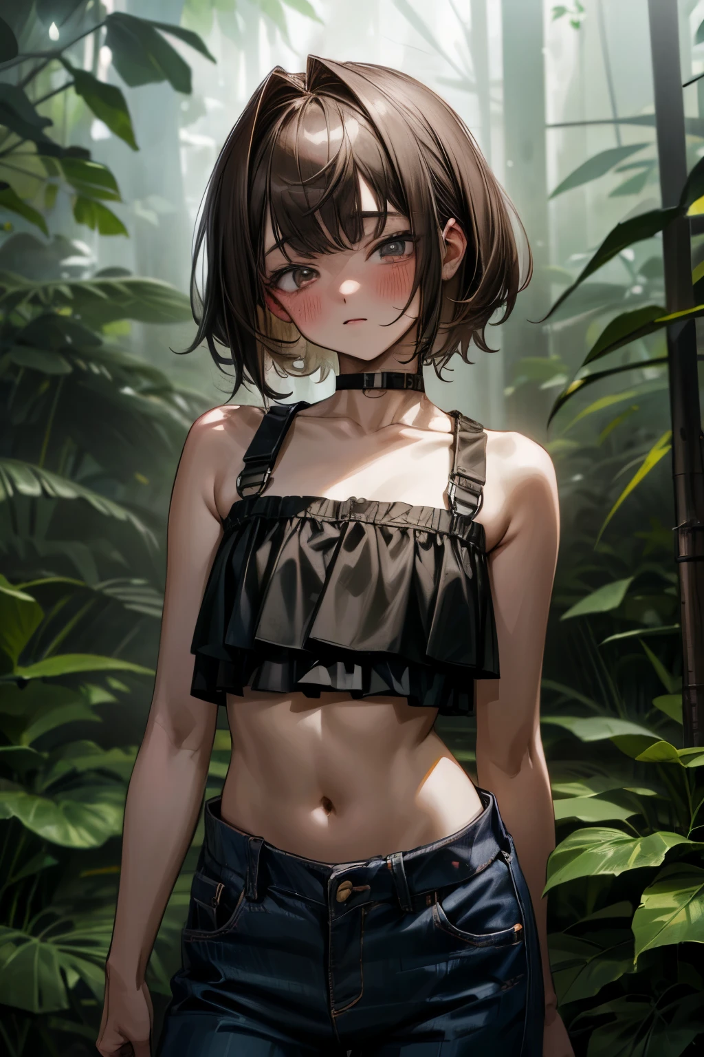 ((Masterpiece)), ((best quality)), (Anime:1.5), (RAW photo:1.2),(High Definition:1.3), (Professional Photography:1.2), (()), 1girl, (Very shy and blush), (Glossy lips), (Drooping eyes), upper body, (Ruffled croptop top), barearms, bareshoulders, (blunt and swept bangs), medium hair, ((loose cute pants pull up)), choker, pale brown hair, small breast, cute hips, BREAK, ((best quality)), (mist effect:1.3), (in subtropical rainforest), Mountain Landscapes,