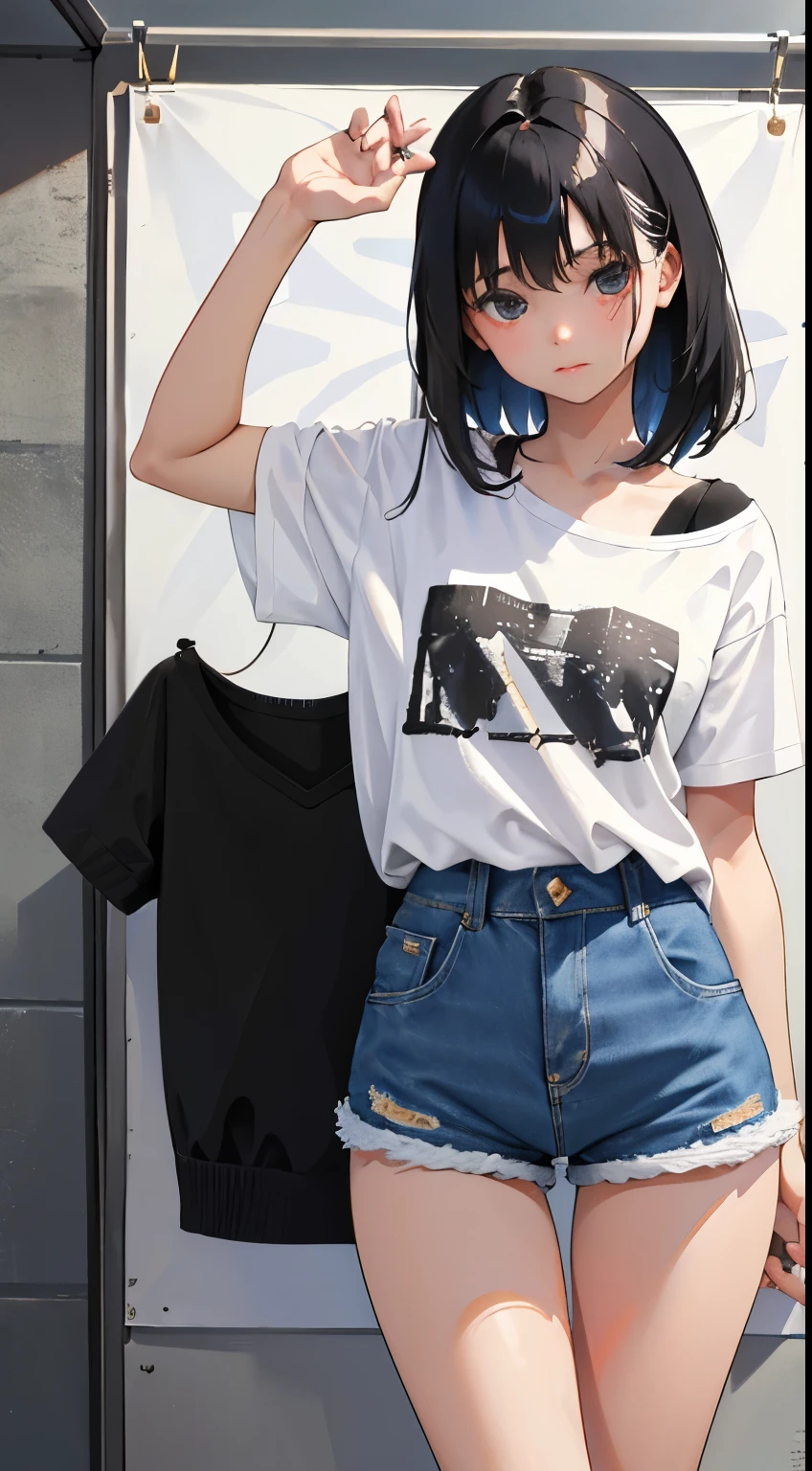 (short cute girl,small young student,young delicate girl),(masterpiece,Top quality),denim shorts,short sleeve,long black hair,sleepy