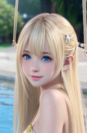 Skin feels silky and radiant、Sexy and very pretty pretty cute gorgeous face、#100: Extra Long Gorgeous Blonde Silky Hair、big shining light blue eyes、Swinging bangs、beautiful cute beautiful girl，17 years old