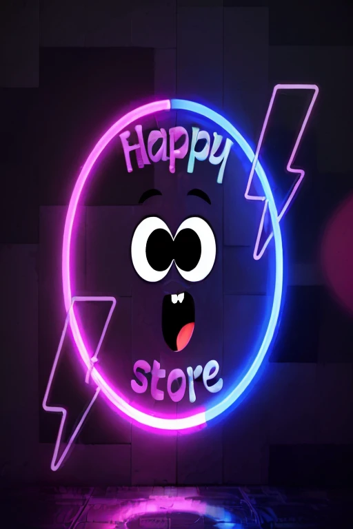 The image shows a graphic design with a neon style and elements that appear to be inspired by emojis.. No centro, there is a pink neon circle with the word "Happy" escrita na parte superior em um estilo de fonte casual. Inside the circle, there is a stylized face with large white eyes, sobrancelhas arqueadas, and an open mouth with the tongue sticking out, suggesting an expression of joy or excitement.
To the right of the circle, there are two neon rays, um dentro do outro, criando um efeito de luz e sombra. The inner radius is white in color, while the outer ray is purple in color, both with clear and bright contours, typical of neon signs.
At the bottom of the circle, there is the word "store" in lowercase letters, seguindo o mesmo estilo de fonte da palavra "Happy". A palavra "store" is positioned so that it appears to be the base on which the neon circle rests.
The background of the image features a block pattern in shades of dark blue and black., giving the impression of a tiled wall or a floor. The overall effect is modern and vibrant, with a feeling of energy and fun, probably intended to draw attention to a store or brand called "Happy Store".