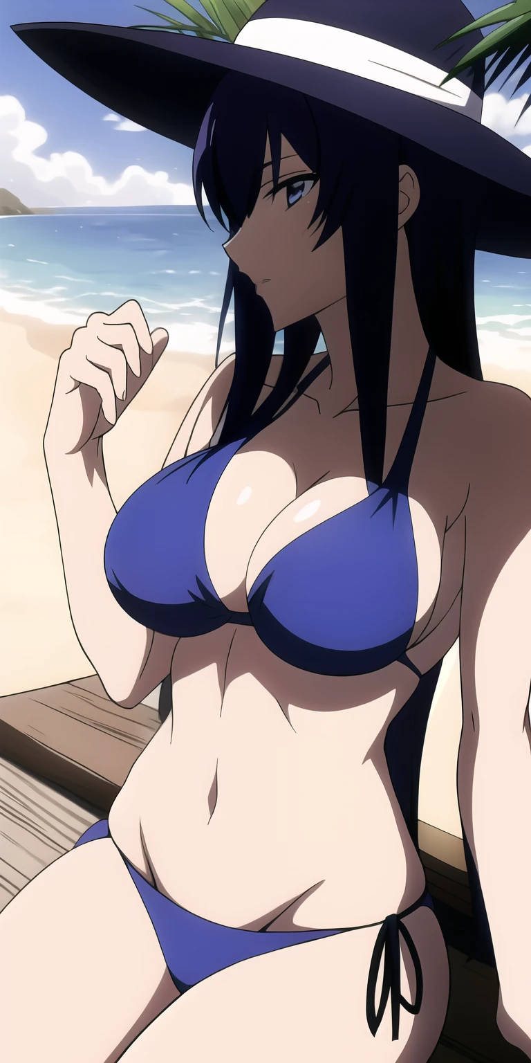 Saeko Busujima en bikini y sombrero sentada en una mesa con comida., elegant bikini, bikini con tirantes, bikini blanco, con sombrero, con sombrero de paja, rutina de bikini, cautivador y tentador, dama seductora, hermosa modelo de bikini, chica sexy, wearing a bikini blanco, hermosa mujer, lindo bikini, blue bikini, medio rosa, ekaterina, hermosa dama
