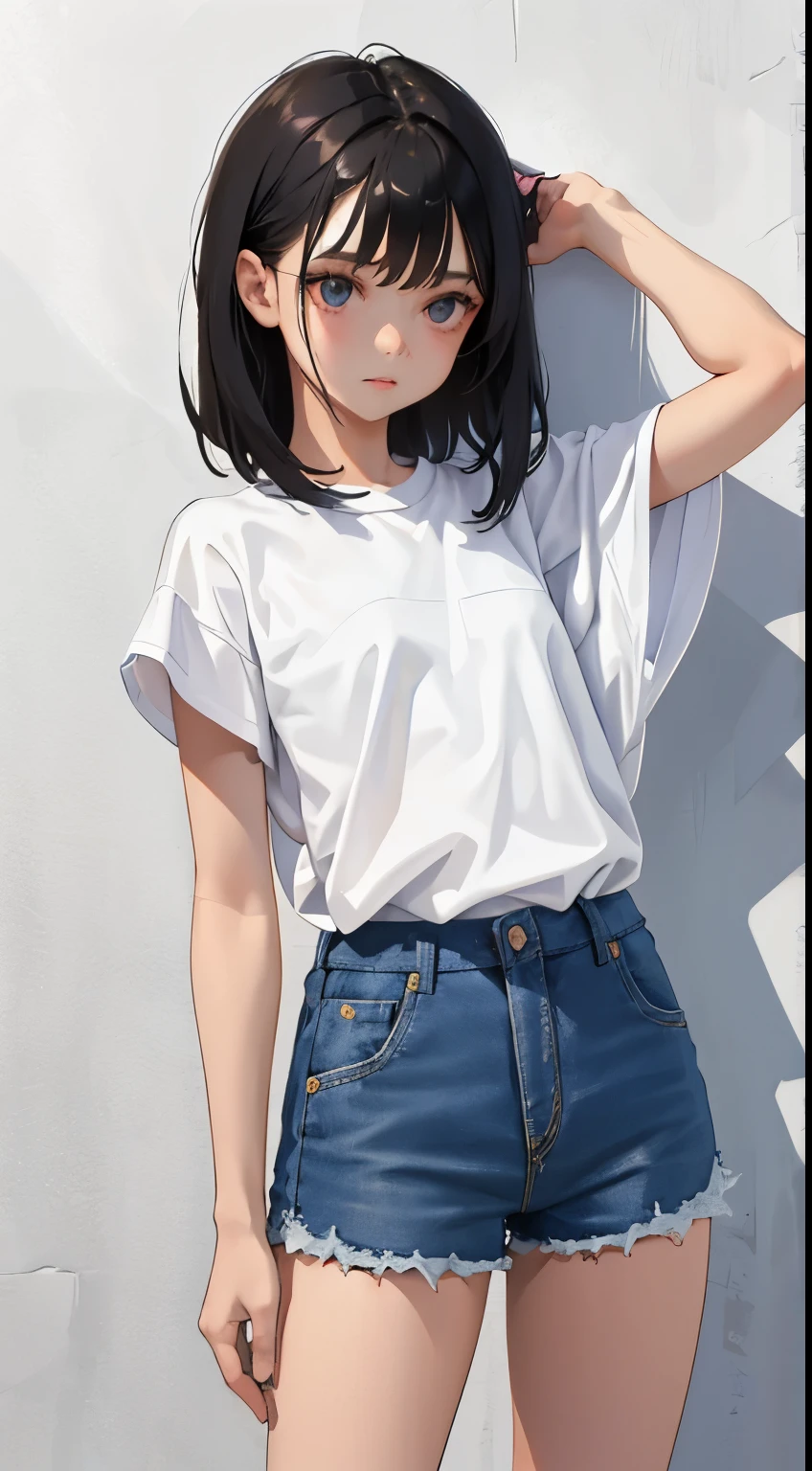 wariza,Put your hands between your legs,(child),(masterpiece,Top quality),White plaid shorts,short sleeve,black hair