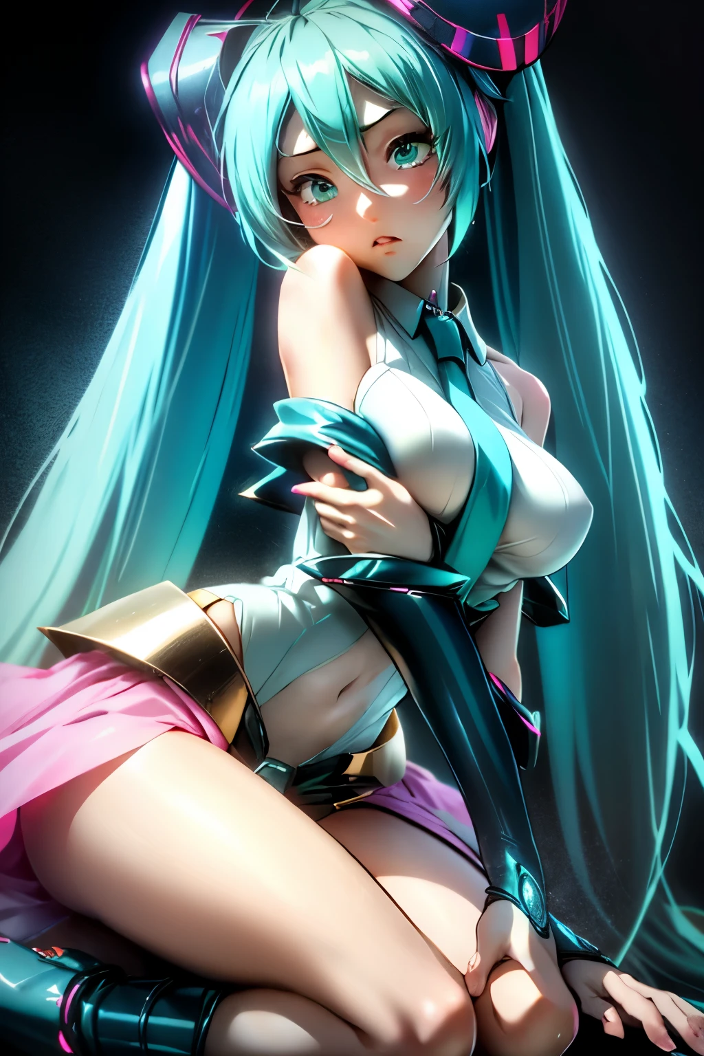 Hatsune Miku disfrazada de dark magician gils. Pose sexy y sensual