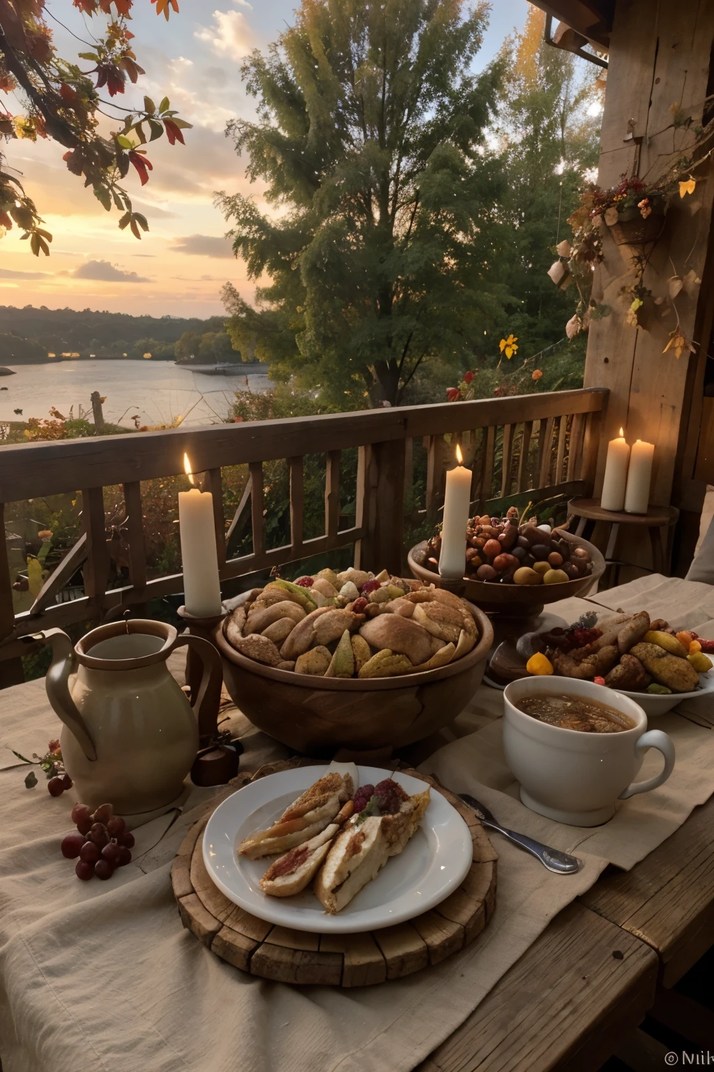 (Masterpiece: 1.1), Autumnal scene, picture-perfect view, rustic terrace, abundant autumn flowers, pots brimming with hues of orange and red, vine adorned with ripe red leaves and mature grapes, (bountiful harvest: 1.3),
Foreground focus: a wooden table laden with a copious breakfast spread, steam rising from a big steaming cup of coffee, bowls overflowing with fresh fruits, nuts, chestnuts, and hazelnuts, (feast for the eyes: 1.5), assortment of breads and buns,
Background: serene sunrise, soft golden light, (