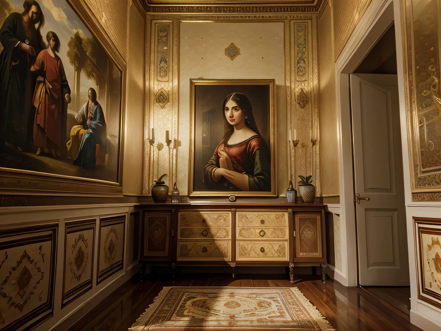 Close-up of a painting on the wall, A close-up of the panel to the wall, a horizontal or vertical panel, Iranian room, Room to Iranian style, Iranian carpet What could be in the room? A painting on the wall, a beautiful painting, a classic painting with a beautiful frame, beautiful lighting, dramatic, realism, hyper realism, hyper-detailed, high quality, super-resolution, dynamic, creative, wide, Masterpiece, 8k