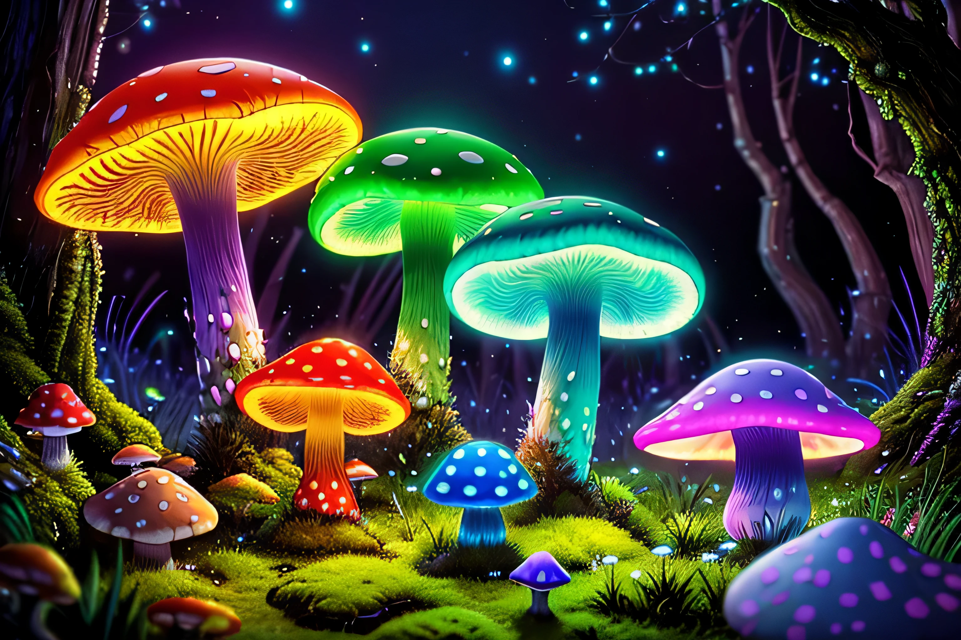 (very detailed:1.2),(highest quality:1.2),8K,sharp focus, (Scattered beneath the surface:1.1)
(Glowing magical bioluminescent mushrooms:1.2),psychedelic magic particles in the air, (neon bioluminescent mushroom forest at night:1.2), (magic firefly:1.2)
(Very detailed trees、rocks and moss:1.2), (very detailed background:1.3), roleplaying game, Eldon Ring Style, (fantasy:1.3),(surreal:1.1), (((night))), movie lighting, very detailed, art station,Smooth, sharp focus, types of bacteria, Greg Rutkoski, edited pick, trending on art station, trending on deviantart, Knock it out, (compared:0.4),