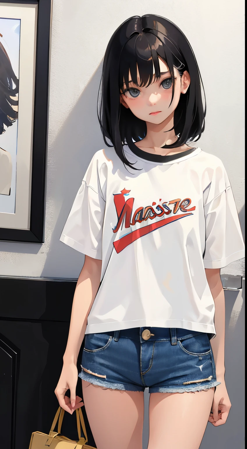 (short cute girl， young studeg delicate girl）,（masterpiece，Top quality)，denim shorts，short sleeve，long black hair，sleepy