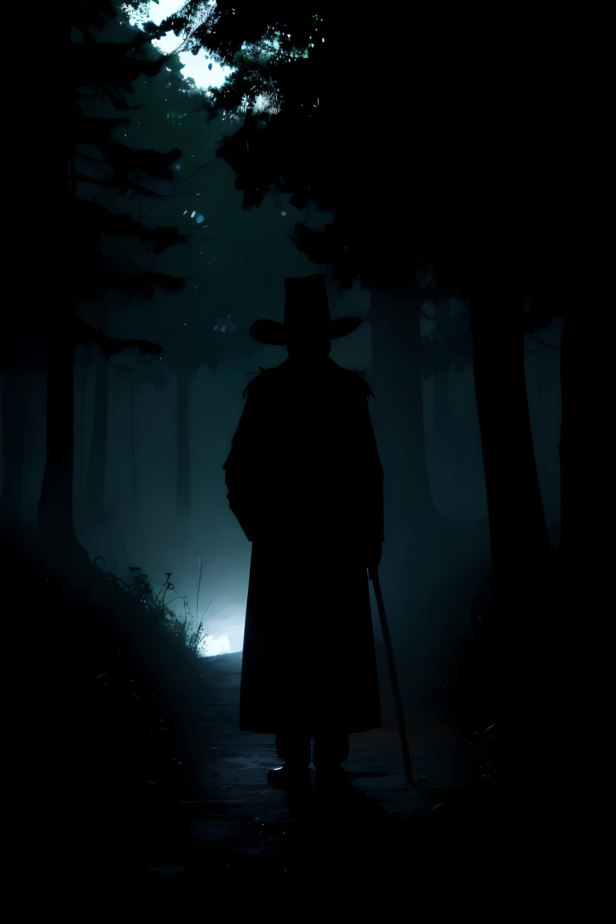 silueta de sombra de un anciano ocultista con un palo en una mano , and in the other a lamp . en un bosque en medio de la noche, unlit silhouette, silueta de sombra en la oscuridad, silueta de jazz, sombra en un bosque. incorporeal shadow, sin rostro, silueta de sombra, shadowy silhouette between trees, silueta de una persona en las sombras