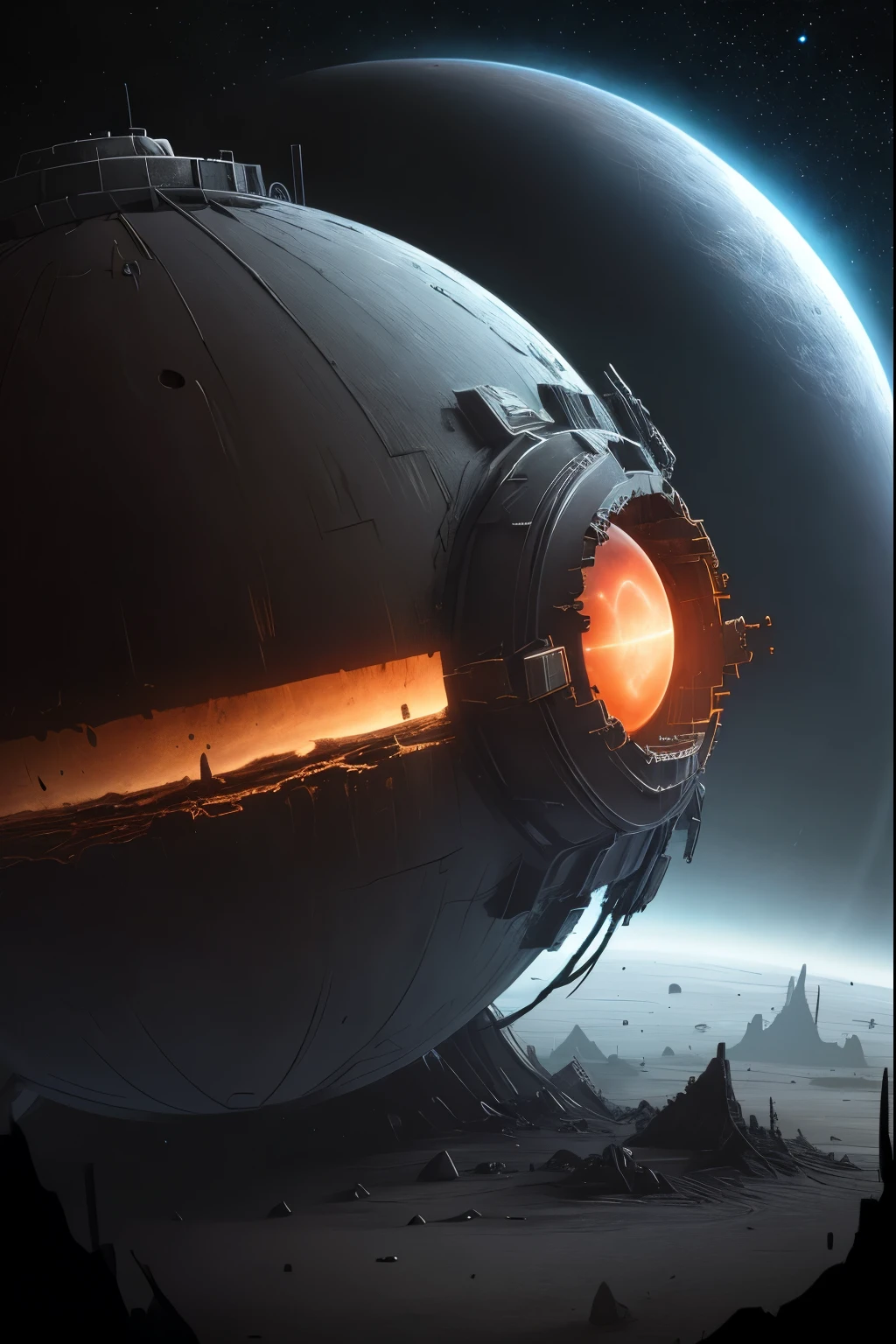 mechanical planet, derilict, damaged, dark, only planet view