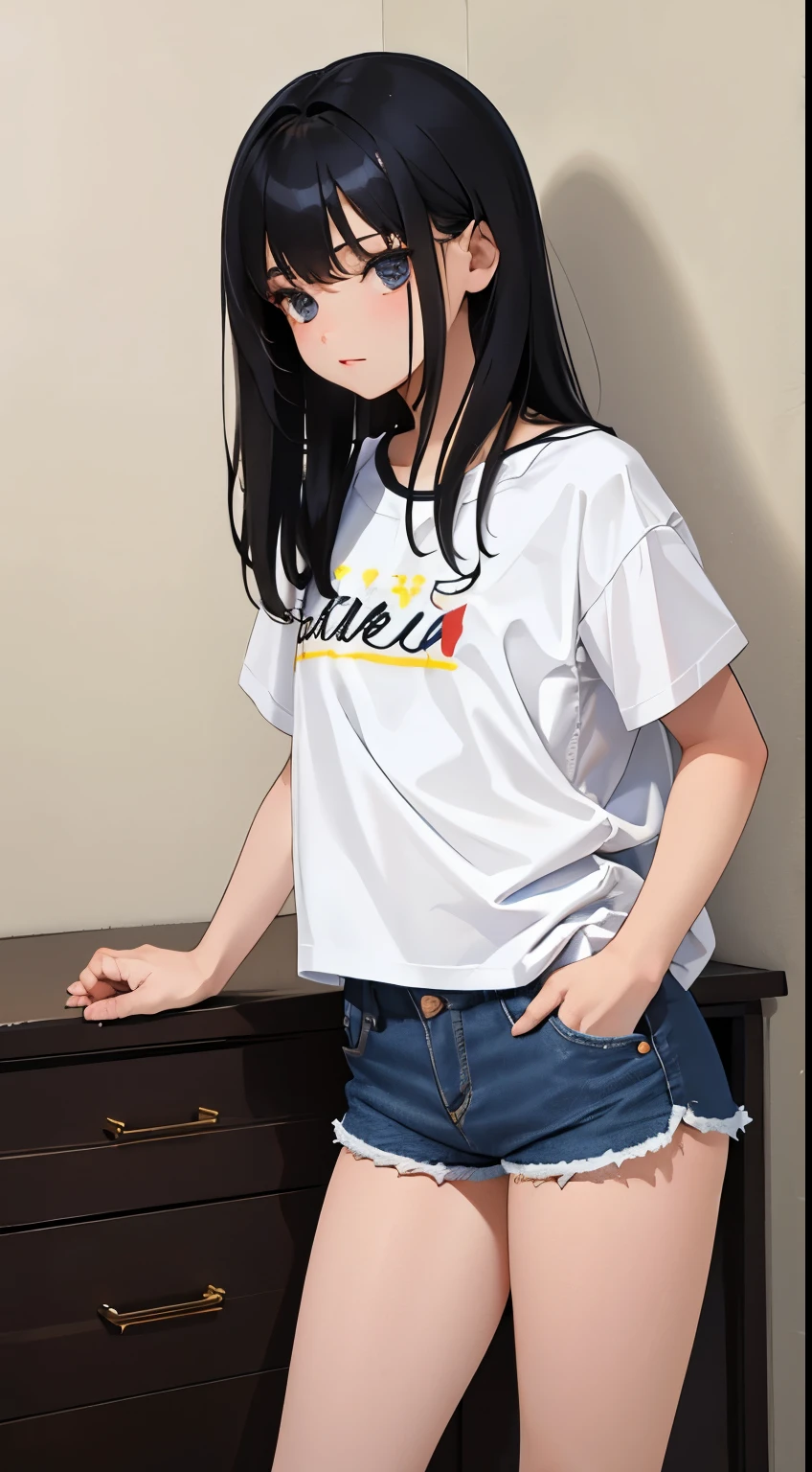 (short cute girl,small young student,young delicate girl),(masterpiece,Top quality),denim shorts,short sleeve,long black hair,sleepy