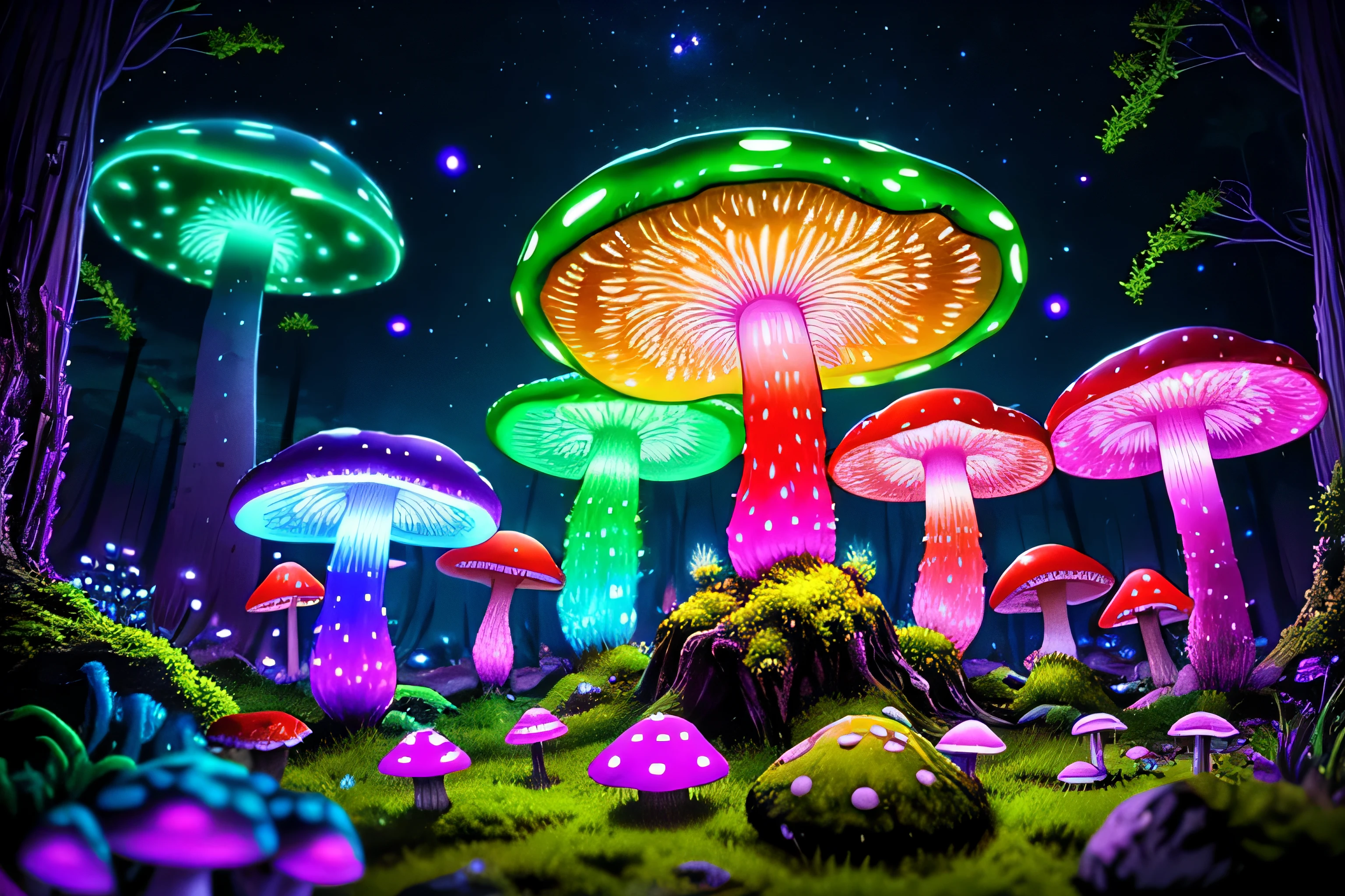 (very detailed:1.2),(highest quality:1.2),8K,sharp focus, (Scattered beneath the surface:1.1)
(Glowing magical bioluminescent mushrooms:1.2),psychedelic magic particles in the air, (neon bioluminescent mushroom forest at night:1.2), (magic firefly:1.2)
(Very detailed trees、rocks and moss:1.2), (very detailed background:1.3), roleplaying game, Eldon Ring Style, (fantasy:1.3),(surreal:1.1), (((night))), movie lighting, very detailed, art station,Smooth, sharp focus, types of bacteria, Greg Rutkoski, edited pick, trending on art station, trending on deviantart, Knock it out, (compared:0.4),