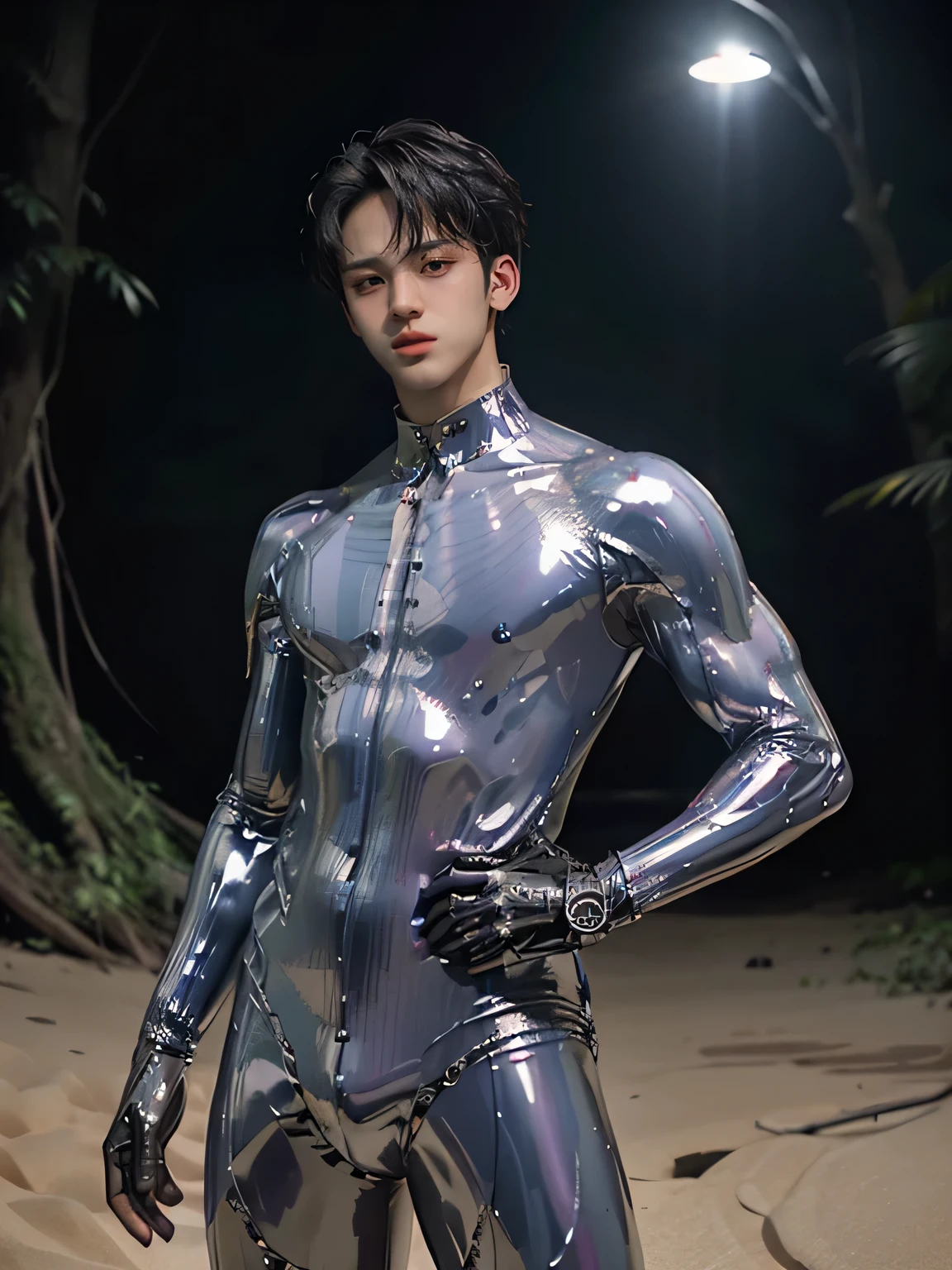 shinji，Trapped in a swamp，mud ground，Swamp traps，full bodyesbian，Sunny and handsome，Muscular body，large muscle，fully body photo，One-piece latex garment，latex shiny, latex legwear，latex glove，Shin Evangelion，Put it on the combat base，Blue tight combat suit，Latex Combat Suit，Wear latex clothing, Wearing a blue skinny suit, Smooth pink skin,  Wearing latex, shiny plastic, shiny metallic glossy skin, Sparkly Colors, latex outfit, chrome bodysuit, cyberpunk glossy latex suit, Shiny, futuristic glossy latex suit, mingyu seventeen