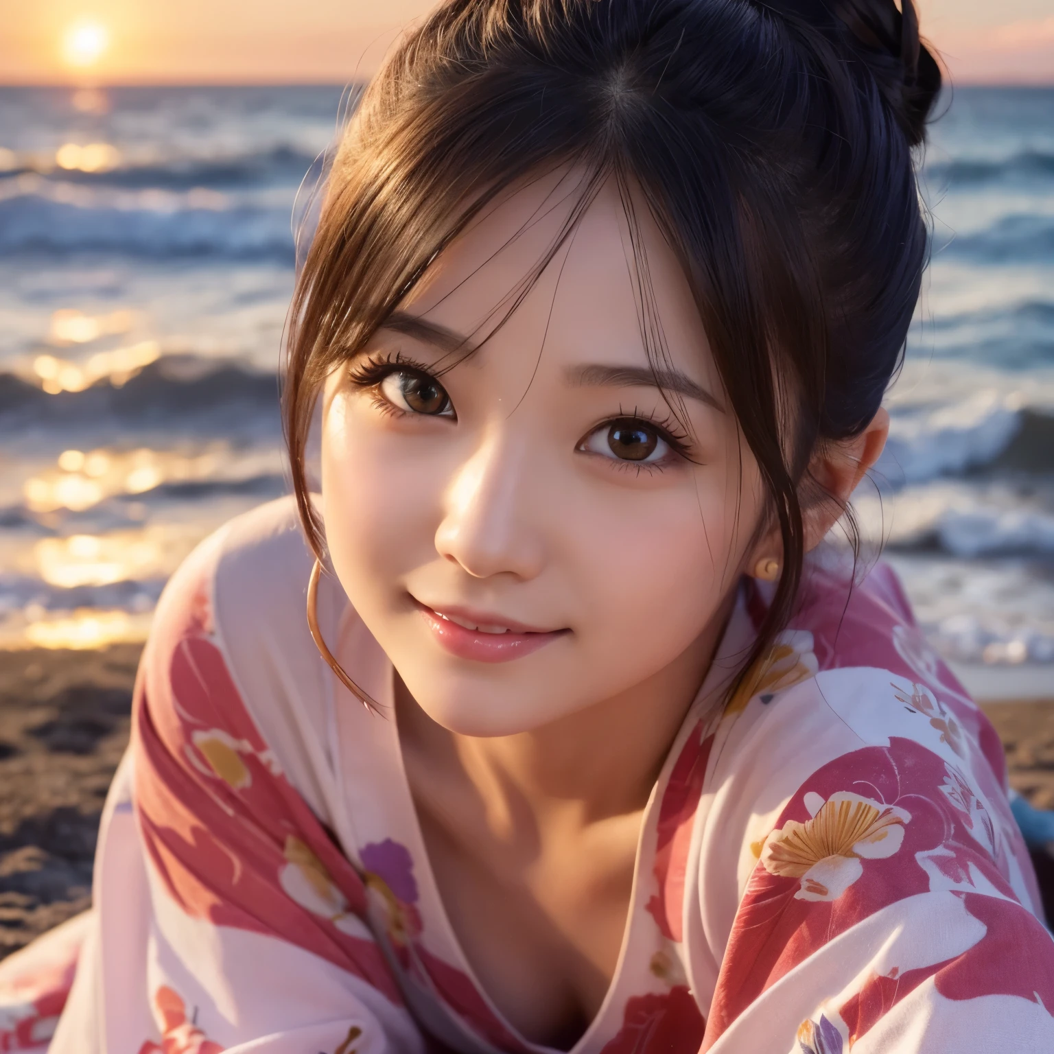 natural oil painting, ((masterpiece)), ((best quality)), photorealistic, Expressive hair, Expressive eyes, precision details, 1girl, solo, Japanese, 30 years old, round big eyes, cute, , seductive smile,looking at viewer ,separate lips, pink colored loose fitted yukata, leaning forward,sunset, sea shore, black single hair bun hair, ,more_details:-1, more_details:0, more_details:0.5, more_details:1, more_details:1.5,,cute,idole,(Realistic skin feel: 1.3), (Realistic shadow: 1.3),nipples,