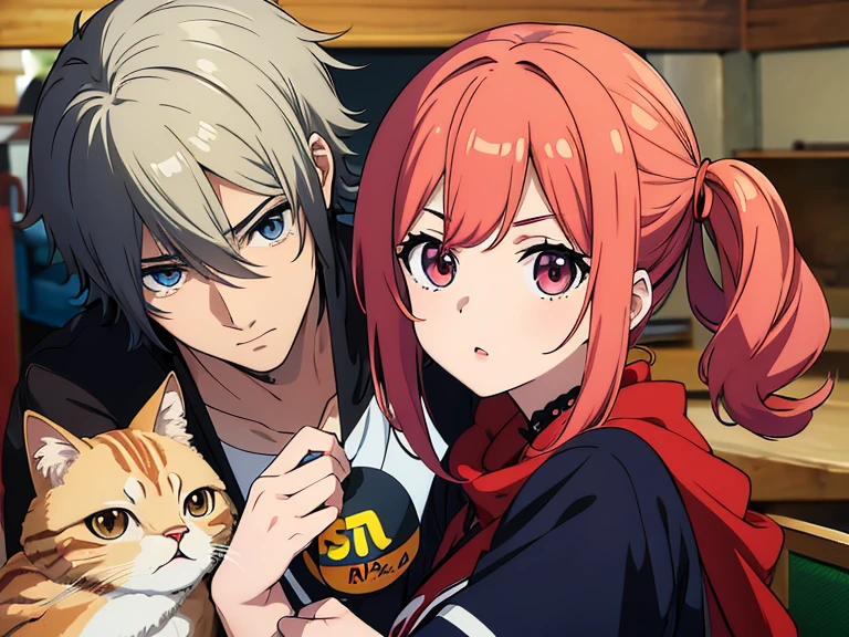 (((Gran obra maestra de anime TV))), ((bien detallado)), pareja, (1 chico y 1 chica cat 1:1), el chico tiene el pelo corto rojizo, unos eyes red radiant y rostro masculino,... La chica zorro, tiene el pelo largo y gris., His eyes are also bright red., ella esta sonrojada., mientras se mirar mutuamente antes de besarse