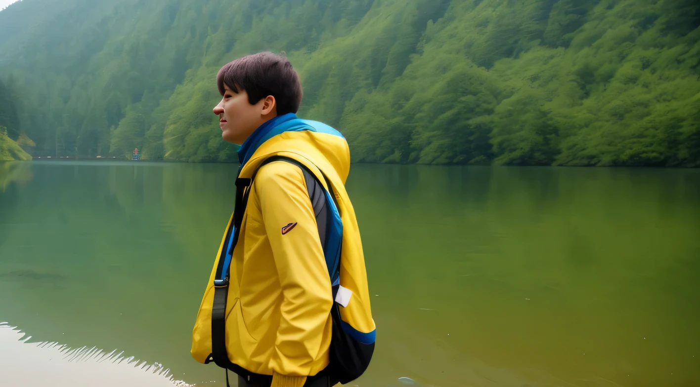 A man with a backpack standing by the lake,blue coat,Shota,thin man