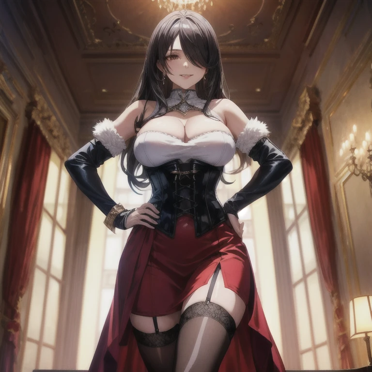 core_9, score_8_up, score_7_up, source_anime, 1girl, looking at viewer, cowboy shot, brown eyes, black hair, long hair, hair over one eye, red dress, jewelry, corset, fur trim, bridal gauntlets, thighhighs, lips, makeup, large breasts, from below, evil smile, hands on hips, leaning forward, indoors, bedroom, window, night,