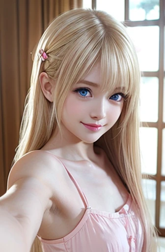 mary rose、blond、Half-length photo、((Cute pink dress))、Very beautiful Swedish 16 year old pretty girl、shiny skin、white skinned、a smile、beautiful bangs、long and straight，絲般美麗的白金blond女郎、shiny hair、Extra long straight hair、Eyeliner、a small face、big breasts、 crystal clear ocean blue eyes，Shining with beauty、beautiful and smart girl、Take a selfie in the room、Looking to the future