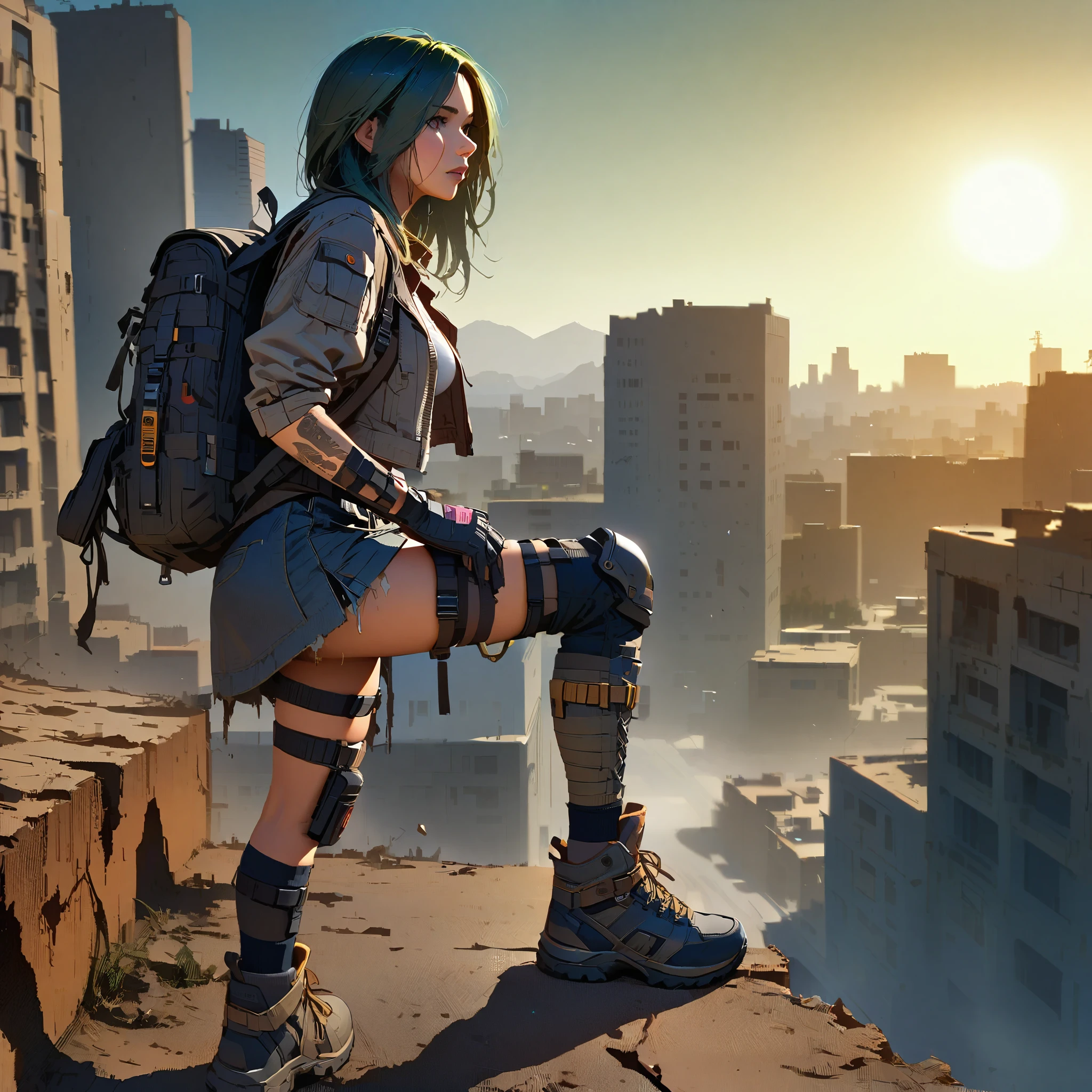 arafed woman with a gun and a backpack standing on a ledge, in a post apocalyptic setting, post - apocalyptic style, in a post-apocalyptic wasteland, in a post apocalyptic city, postapocalyptic style, hyper-realistic cyberpunk style, apocalyptic 8k, ( apocalyptic ) 8 k, apocalyptic 8 k, postapocalyptic vibes