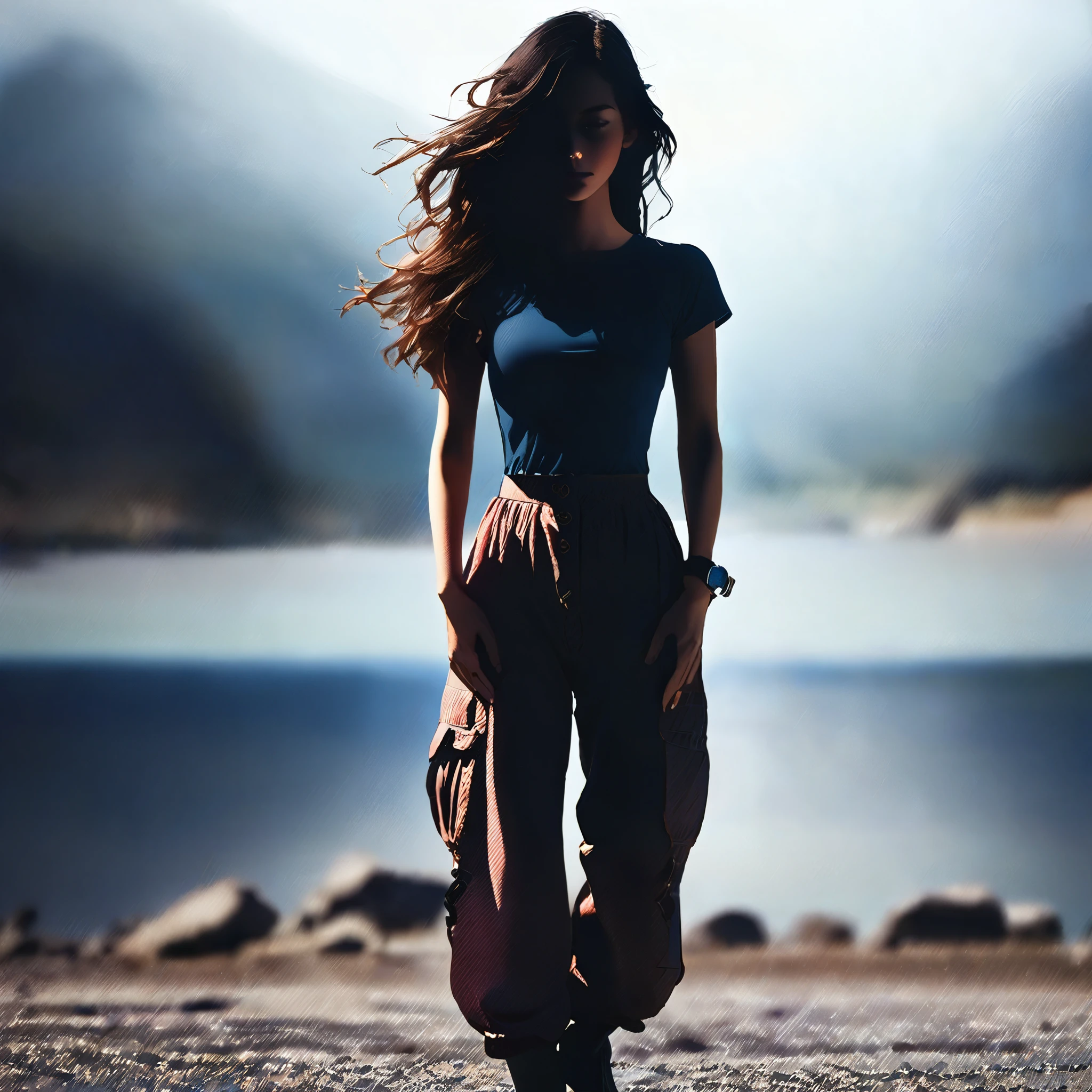 there is a woman walking on the beach with her hair blowing in the wind, flowy hair standing on a rock, cinematic outfit photo, casual pose, girl standing on mountain, standing next to water, style of aenami alena, cinematic shot epic portraits, girl standing, amazing contrasting background, style of alena aenami, cinematic full body shot