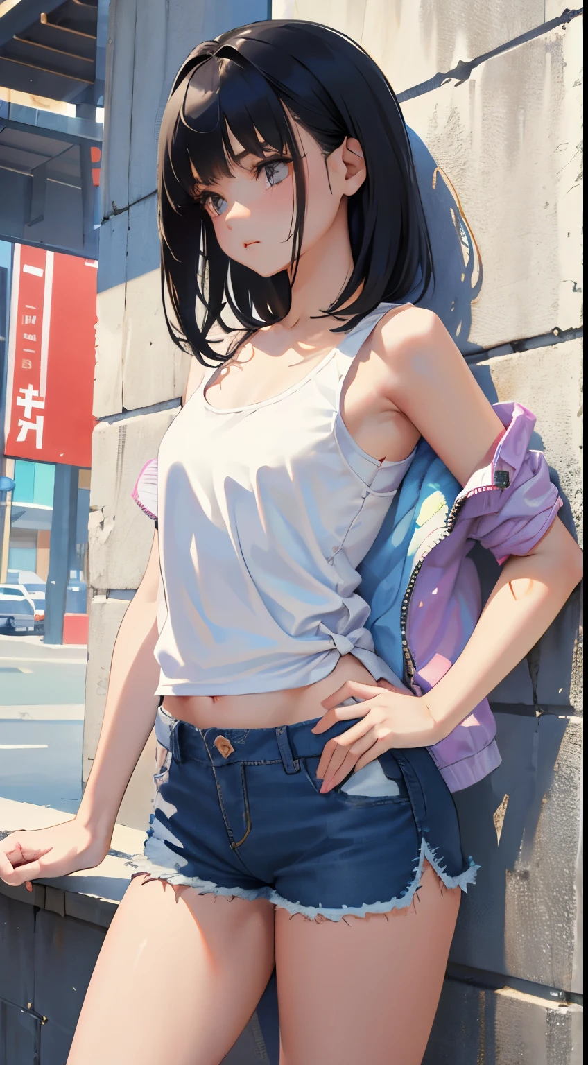 (short cute girl，small young student，young delicate girl）,（masterpiece，Top quality)，Tank top，denim shorts，short sleeve，long black hair，sleepy