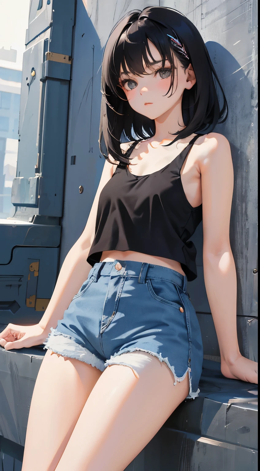 (short cute girl，small young student，young delicate girl）,（masterpiece，Top quality)，Tank top，denim shorts，short sleeve，long black hair，sleepy
