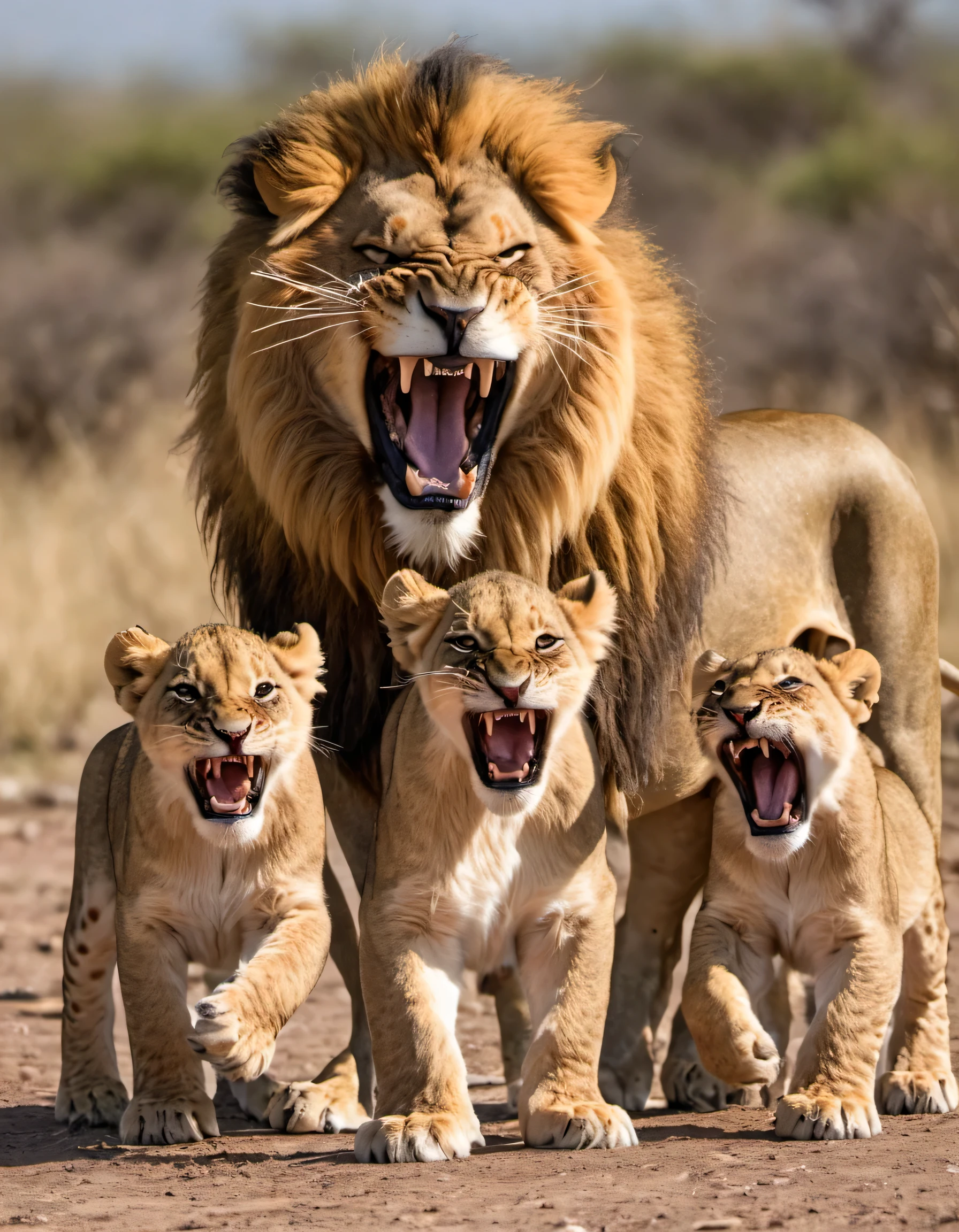 a big lion and his 2 atlas lion cubs in roaring style showing their fangs Sabertooth
