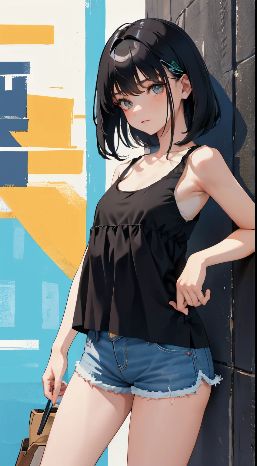 Cute thin girl 12 years old in short swimming trunks, tight in a torn wet T-shirt, flat chest, uncensored