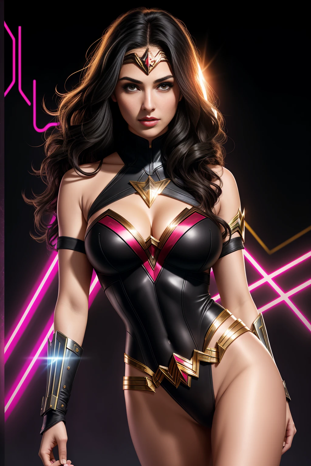 there IS GAL GADOT AS WONDER WOMAN standing, long hair, 3 d neon art of a womans body, neon-noir background, cyberpunk femme fatale, seductive cyberpunk dark fantasy, cyberpunk strip clubs, cyberpunk 20 y. o model girl, oppai cyberpunk, banner, high definition cgsociety, cgsociety masterpiece, trending on cgstation, kda, random hair, looking at camera, gigantic breasts, cleavage, (high detailed skin:1.2), 8k uhd, dslr, super lighting, high quality, film grain, high res, highly detailed, hyper realistic, beautiful face, beautiful body, beautiful eyes nose lips, alluring expression, very bold, upper visible, full body photo, standing legs apart, pale translucent glowing skin, most beautiful face, cute, (well defined pubic hair:1.2)), (dark plain black background:1.4))