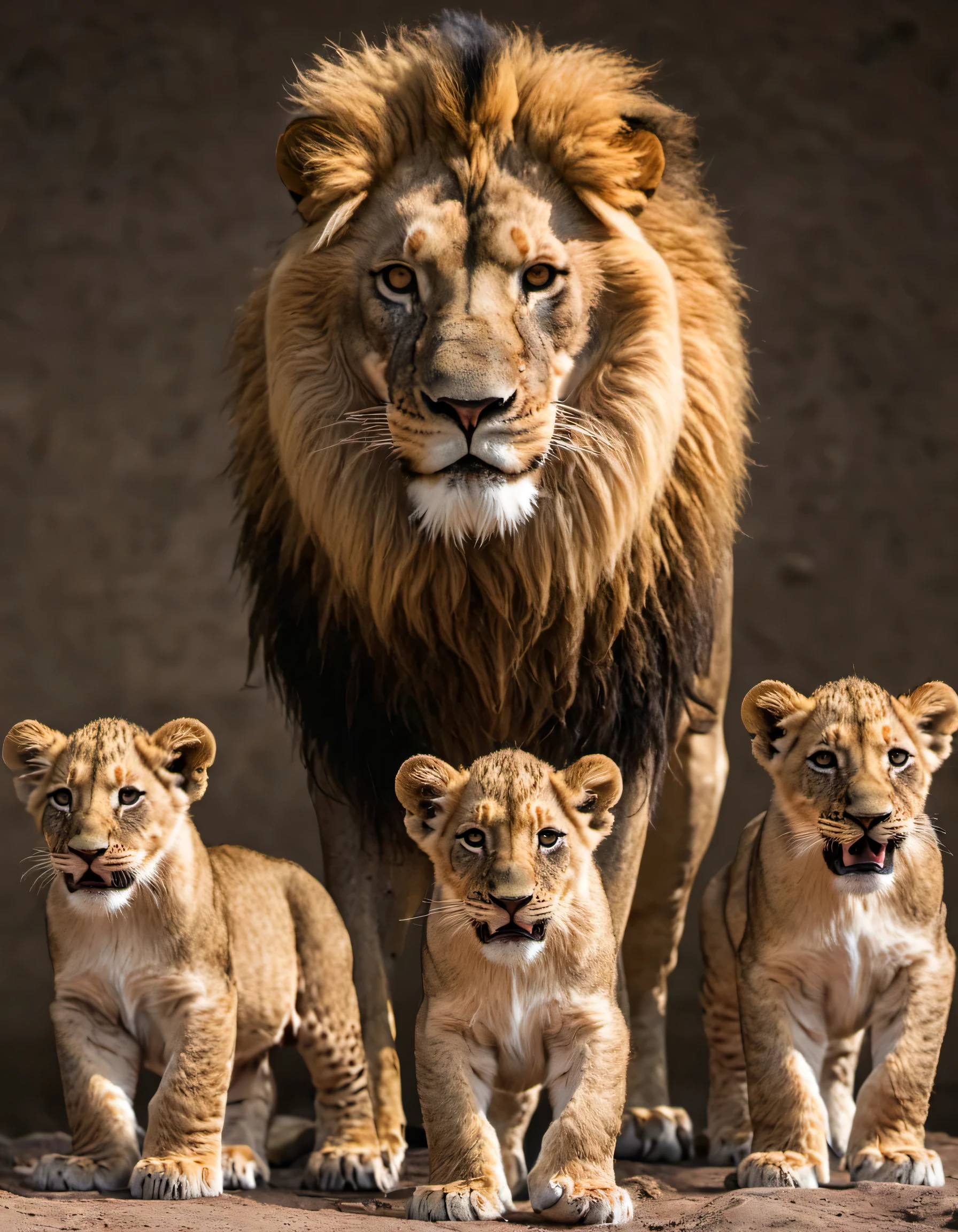 a lion and his 2 atlas lion cubs in Sabertooth style
