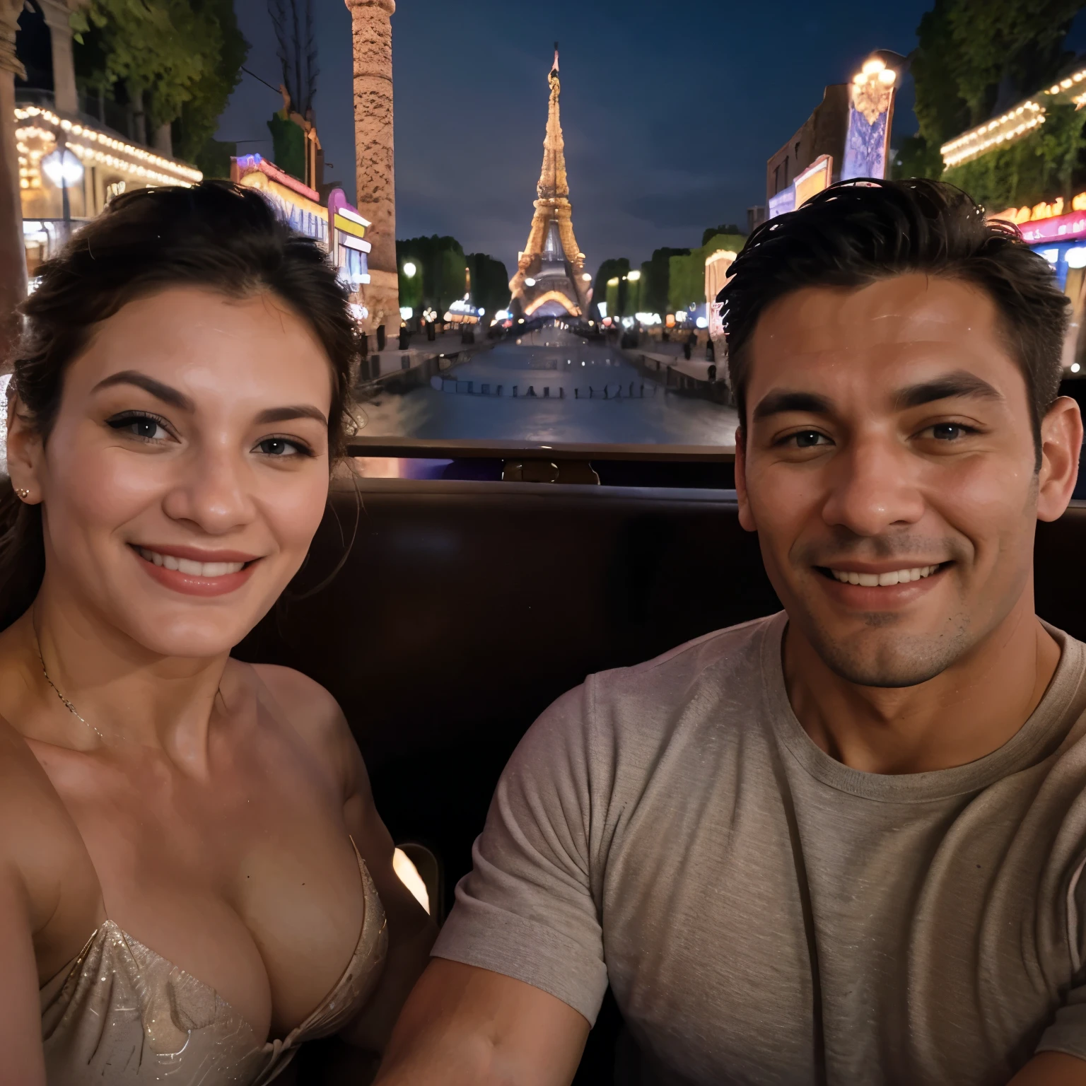 A very handsome muscular and rich husband are doing selfie with his very pretty gorgeous elegant and rich wife in new york, liberty statue, disney land, paris, eifell tower , romantic, happy, laugh, smile, cuddling, giggling, teasing. Photorealistic