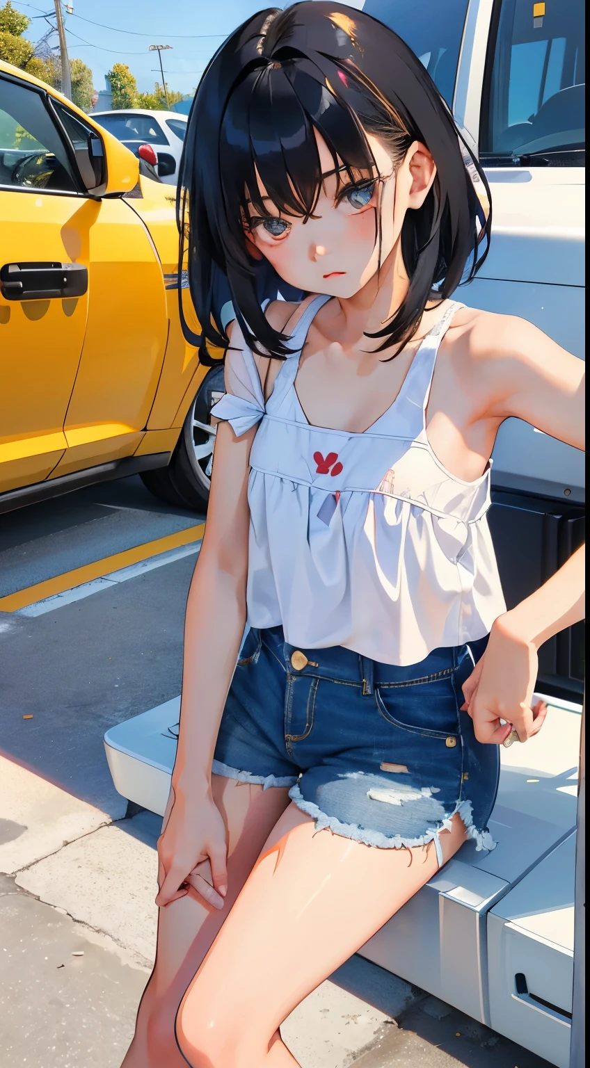 (short cute girl， young studeg delicate girl）,（masterpiece，Top quality)，Tank top，denim shorts，short sleeve，long black hair，sleepy